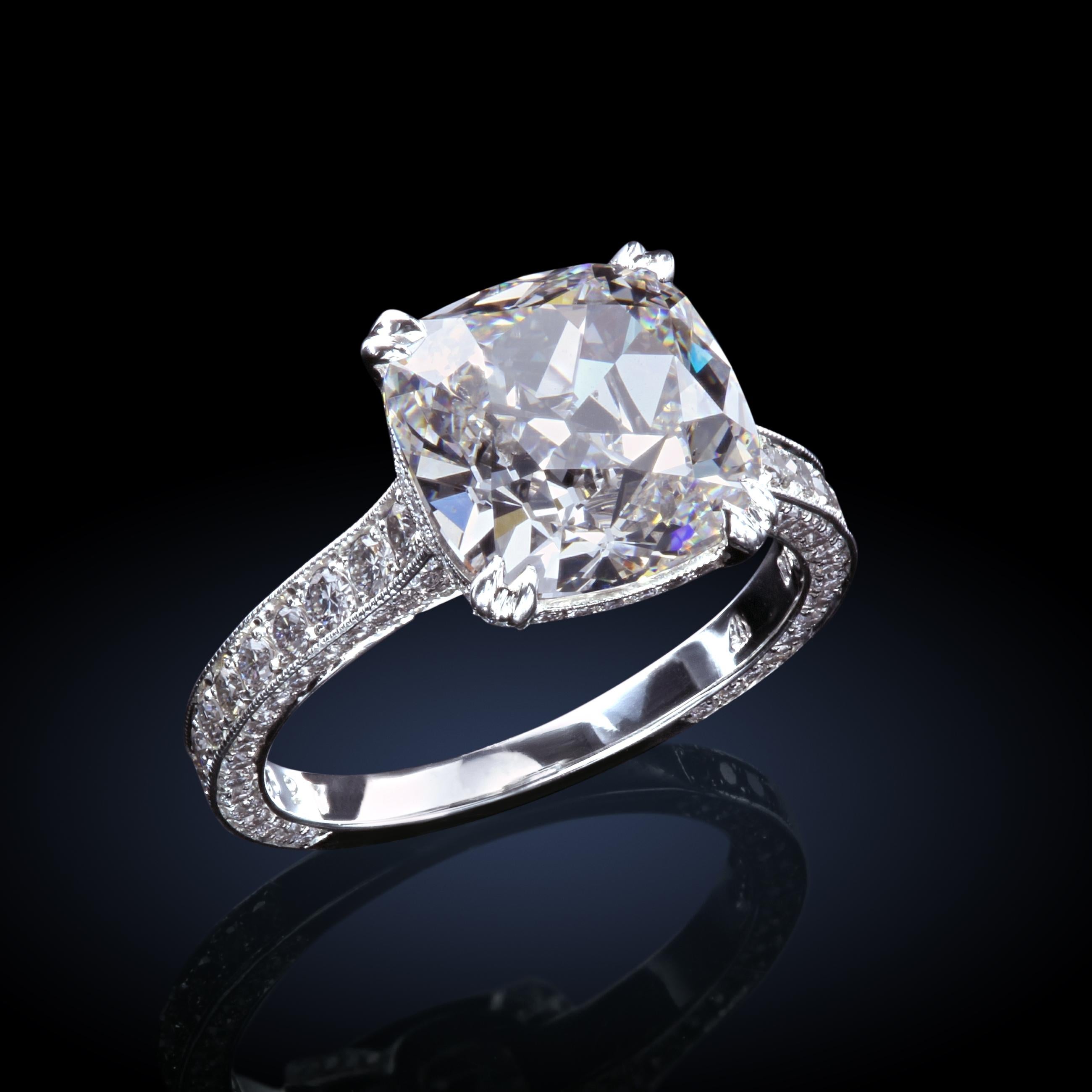 Handmade engagement ring with a GIA-certified 3.70 carat G/VS2 True Antique™ cushion diamond (GIA 5161641472)
The ring is finished with bright-cut diamond pave with a touch of millegrain on the ring's basket and all three sides of the shank. 
176