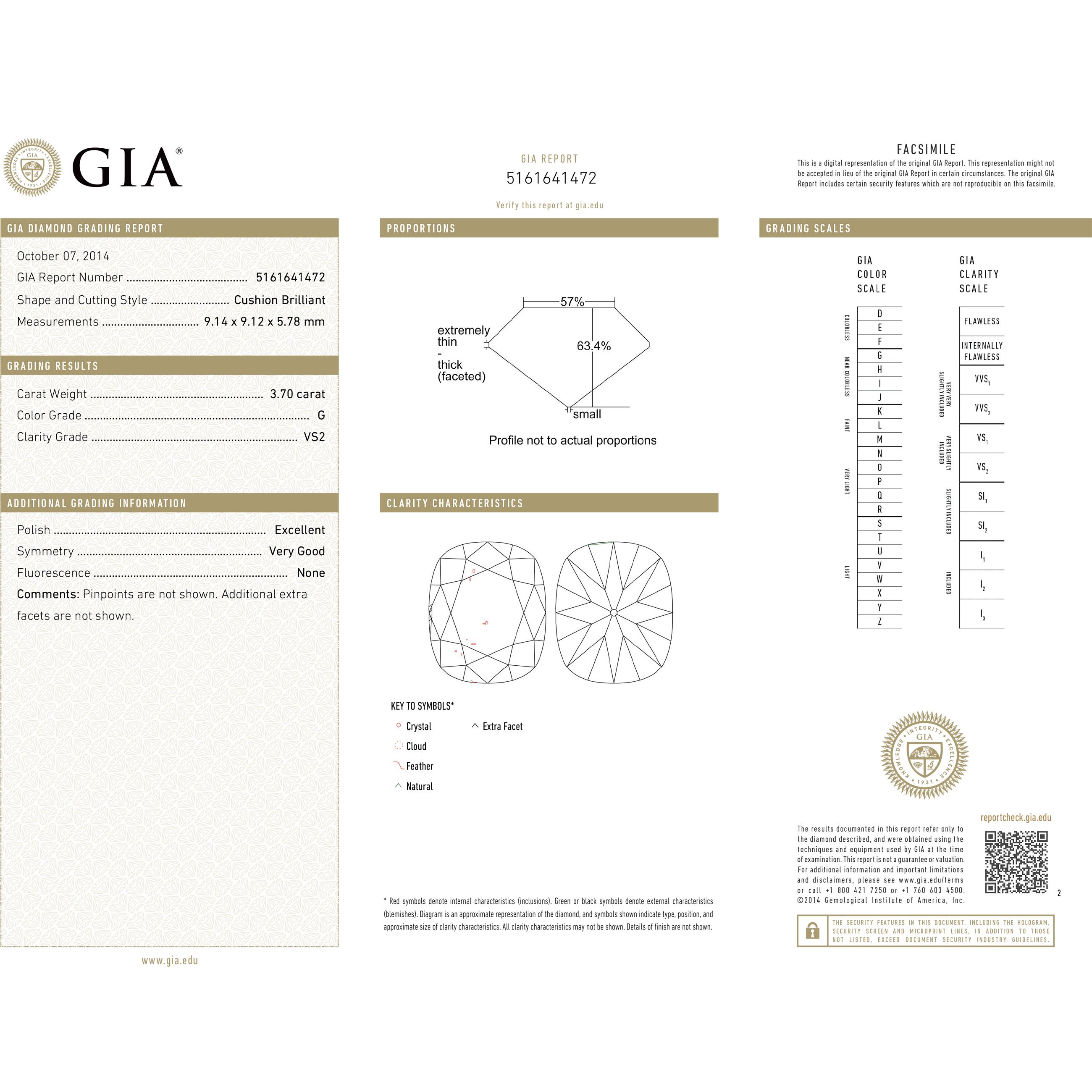 Contemporary GIA Certified 3.70 Carat G/VS2 Cushion Diamond with Pave Platinum Solitaire
