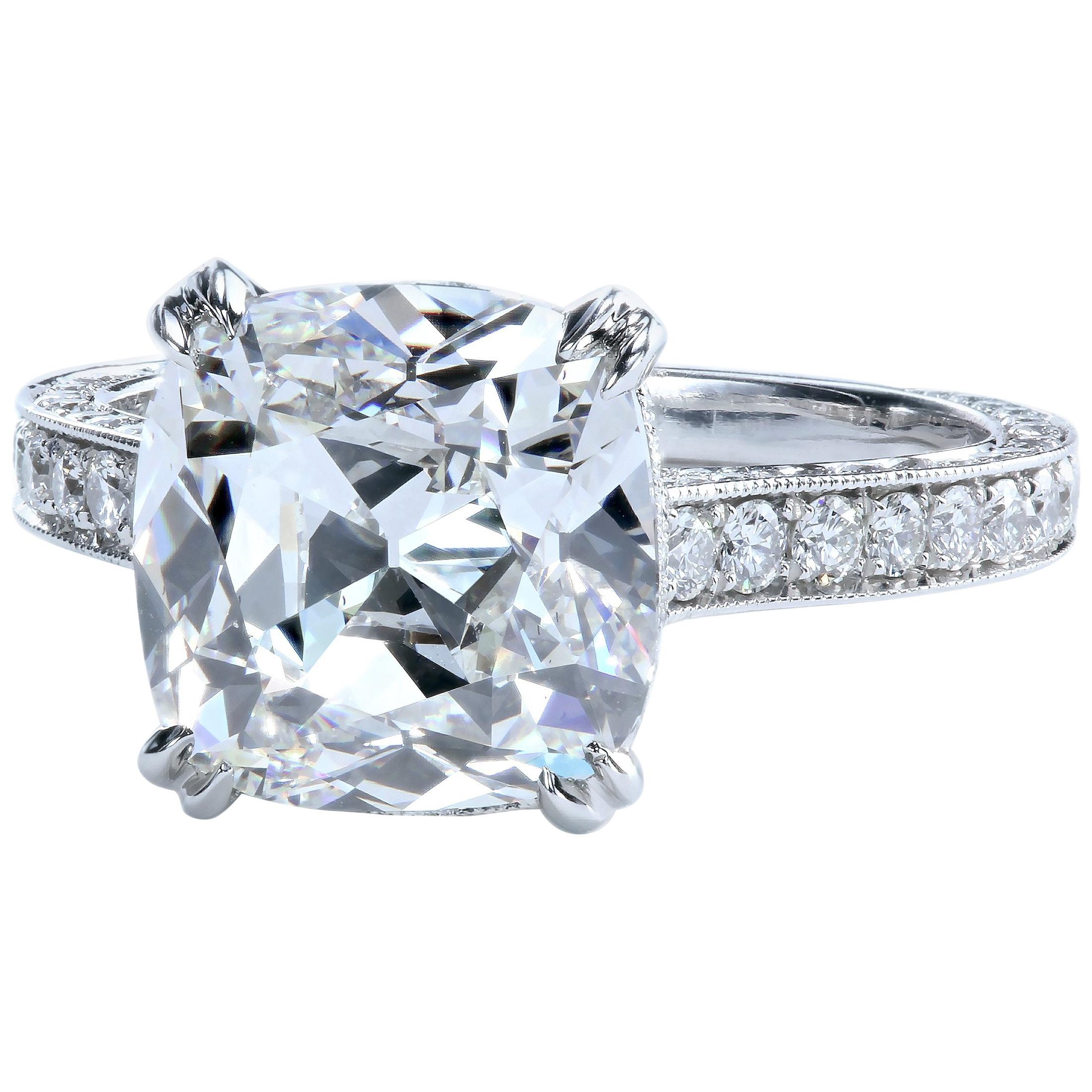 GIA Certified 3.70 Carat G/VS2 Cushion Diamond with Pave Platinum Solitaire