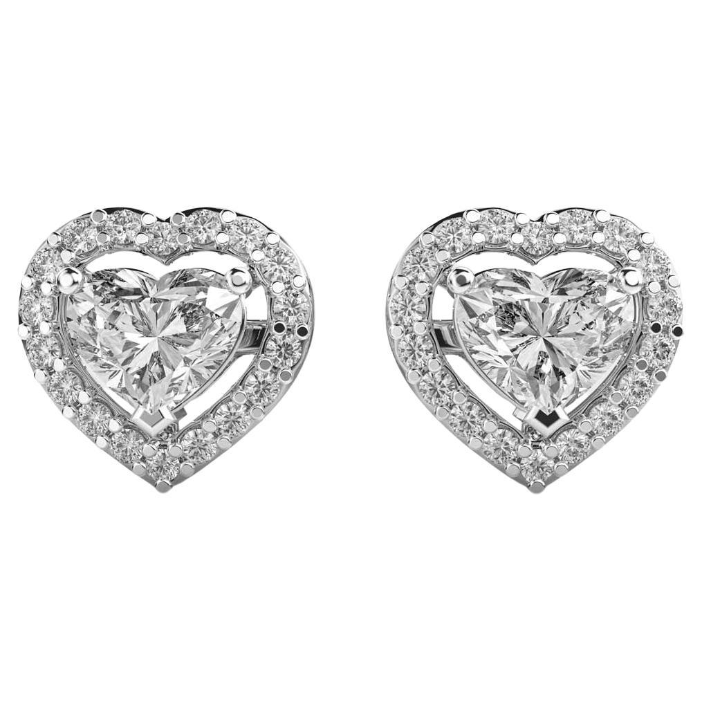 GIA Certified 3.70 Ct D VS1 Heart Diamonds Halo Stud Earrings in 18K White Gold