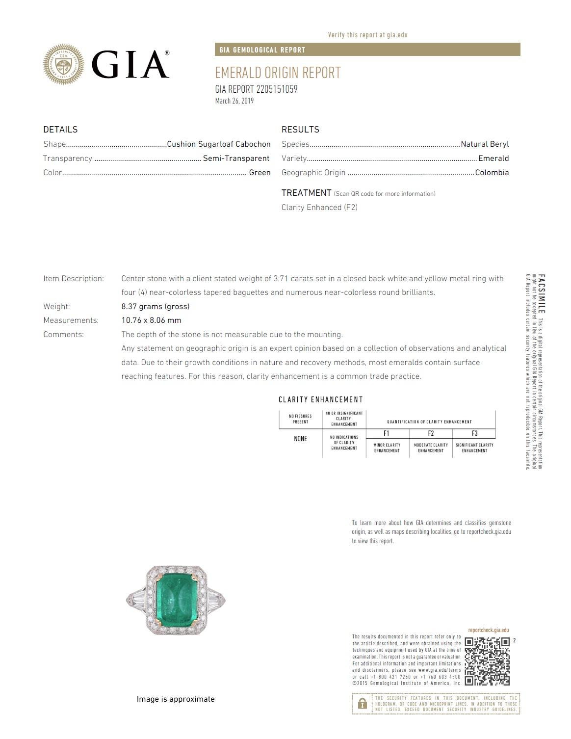 GIA Certified 3.71 Ct Sugarloaf Cabochon Cut Colombian Emerald Ring ref693 In New Condition For Sale In New York, NY