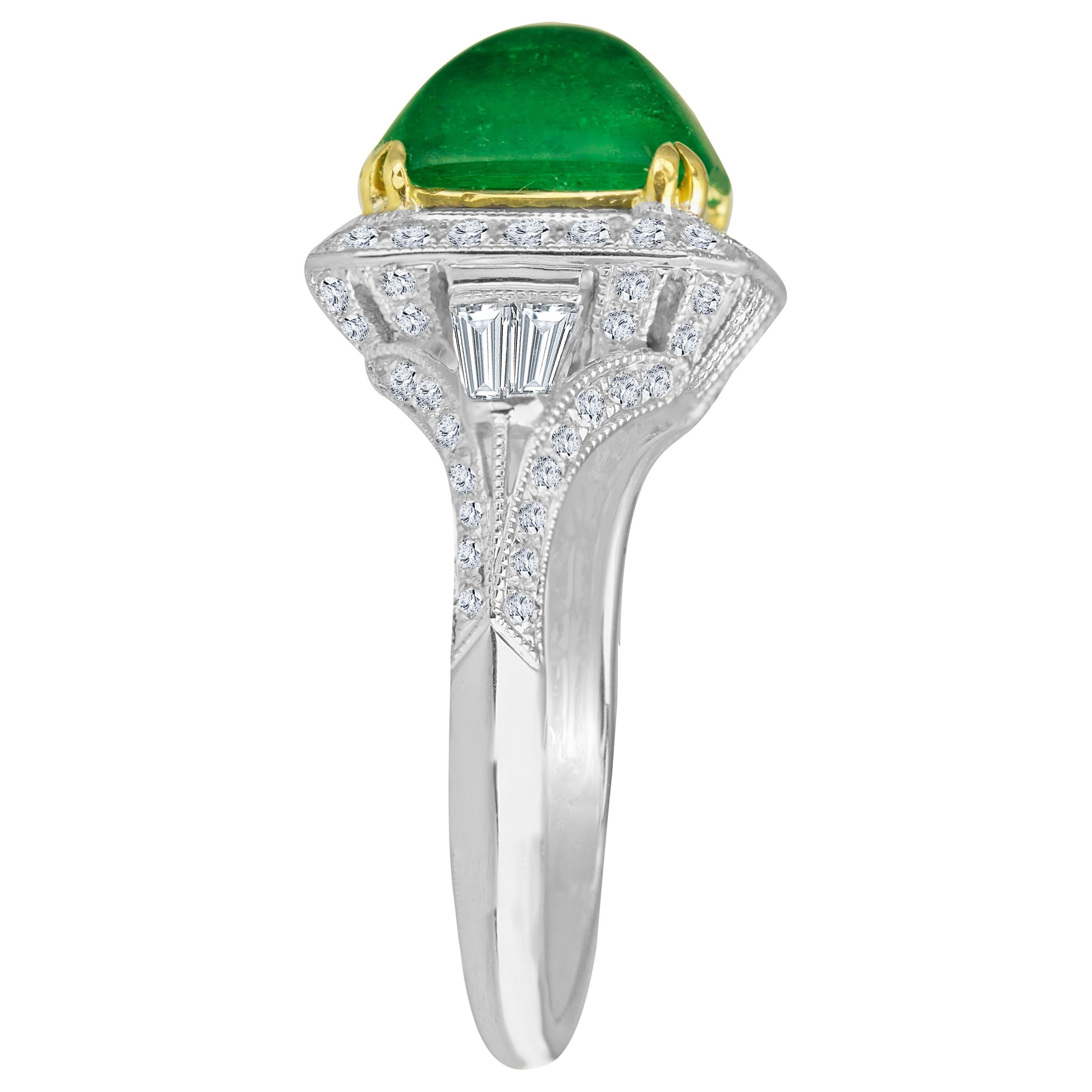 GIA Certified 3.71 Ct Sugarloaf Cabochon Cut Colombian Emerald Ring ref693 For Sale