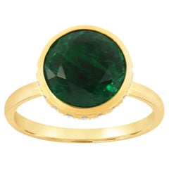 GIA Certified 3.72 Carat Round Green Emerald Hidden Halo 18KYG Diamond Ring