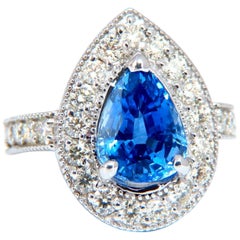 GIA Certified 3.73 Carat Natural Pear Sapphire Halo Cluster Ring 14 Karat*