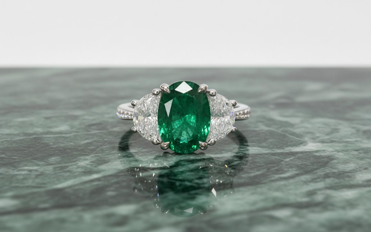 Bague en platine certifiée GIA avec émeraude verte ovale de 3,73 carats et diamant demi-lune Excellent état - En vente à Chicago, IL