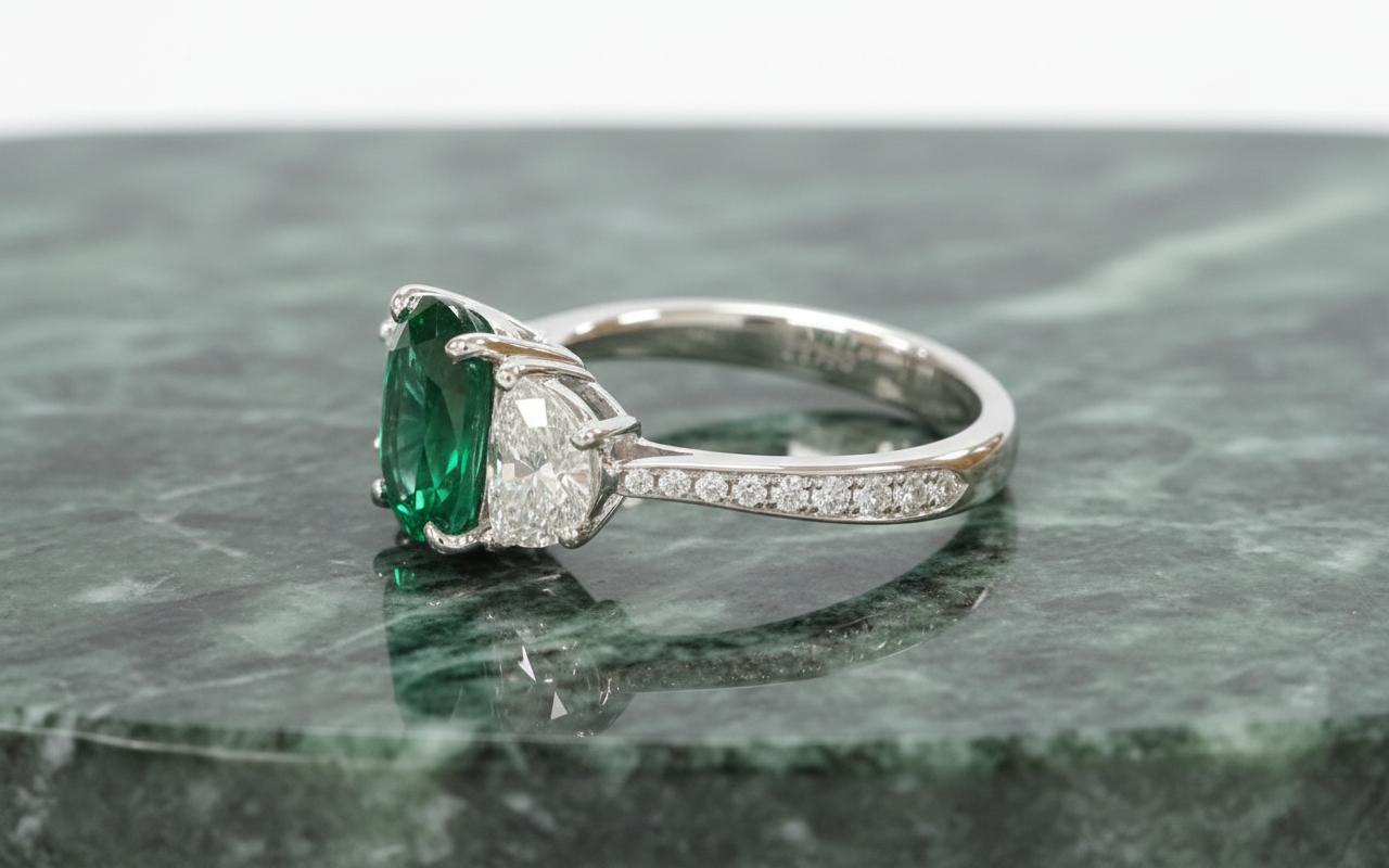 Bague en platine certifiée GIA avec émeraude verte ovale de 3,73 carats et diamant demi-lune Pour femmes en vente