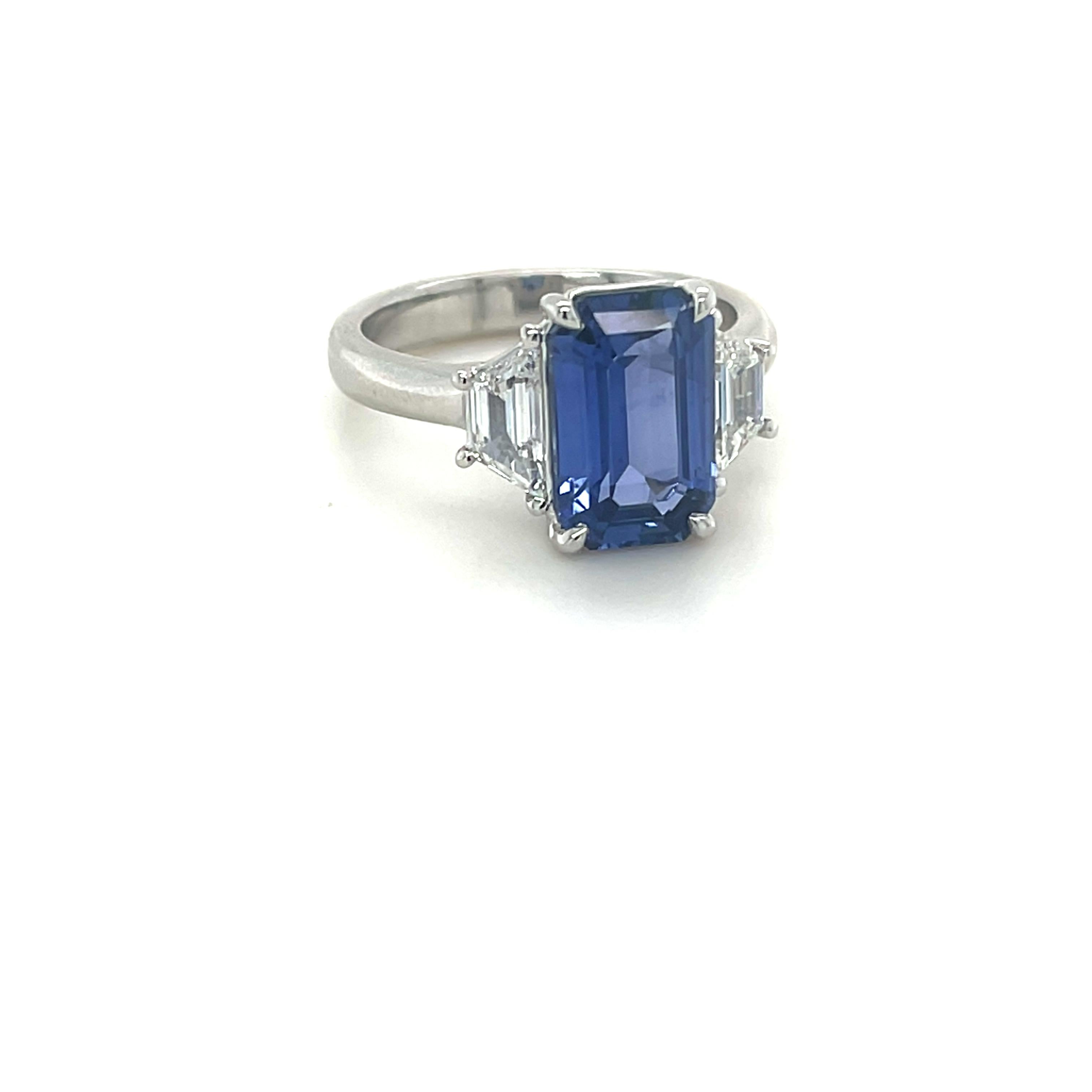 Modern GIA Certified 3.74 Carat Emerald Cut Ceylon Sapphire & Diamond Ring in Platinum For Sale