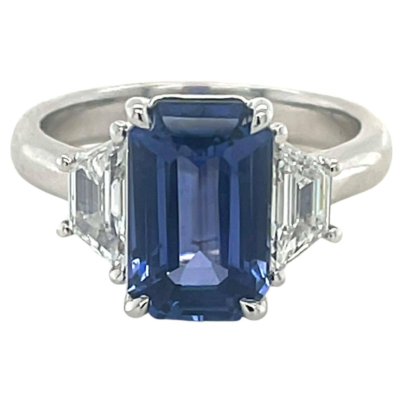GIA Certified 3.74 Carat Emerald Cut Ceylon Sapphire & Diamond Ring in Platinum