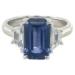 GIA Certified 3.74 Carat Emerald Cut Ceylon Sapphire & Diamond Ring in Platinum
