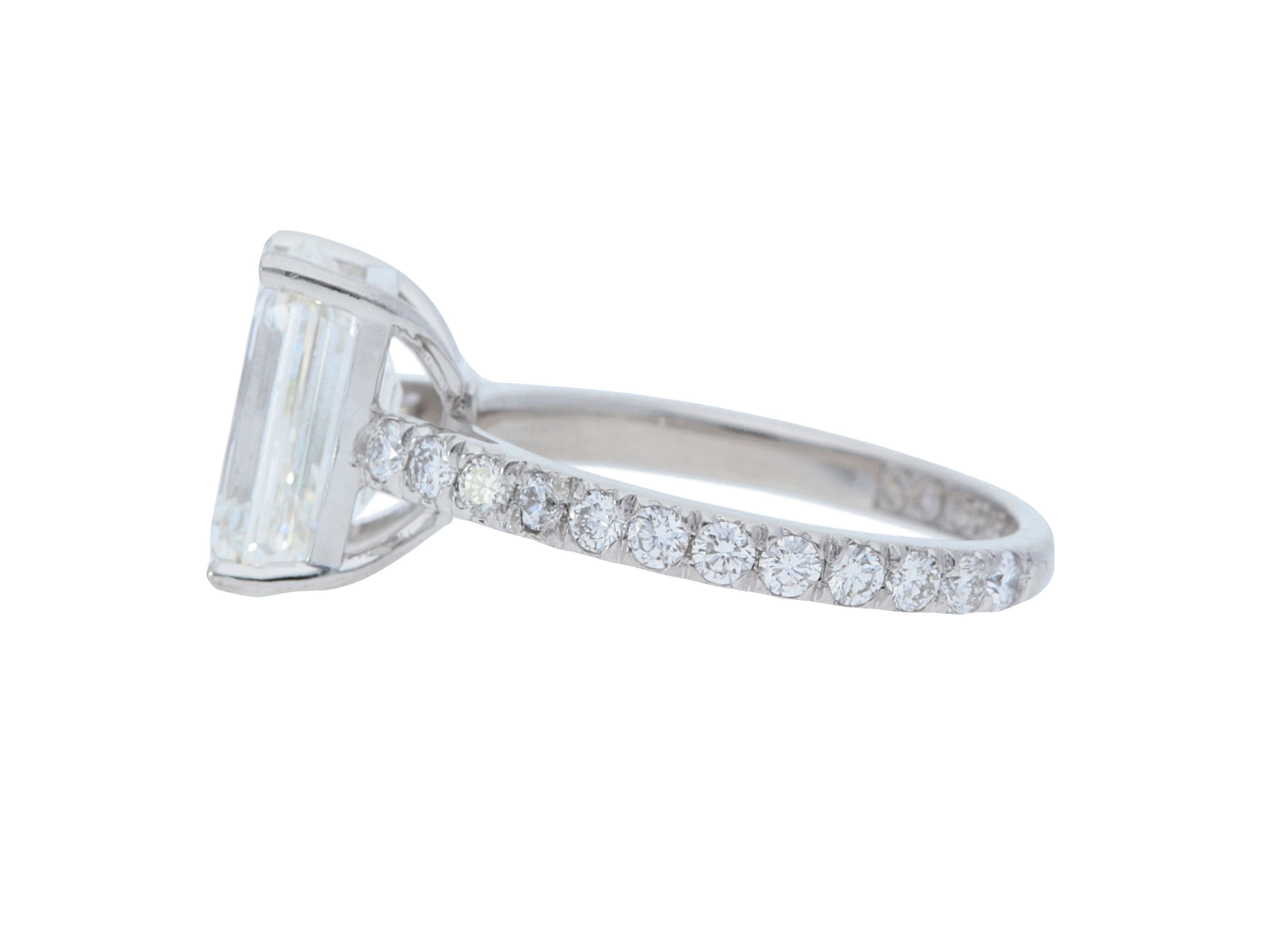 Contemporary GIA Certified 3.74 Carat Emerald Cut Diamond Ring For Sale