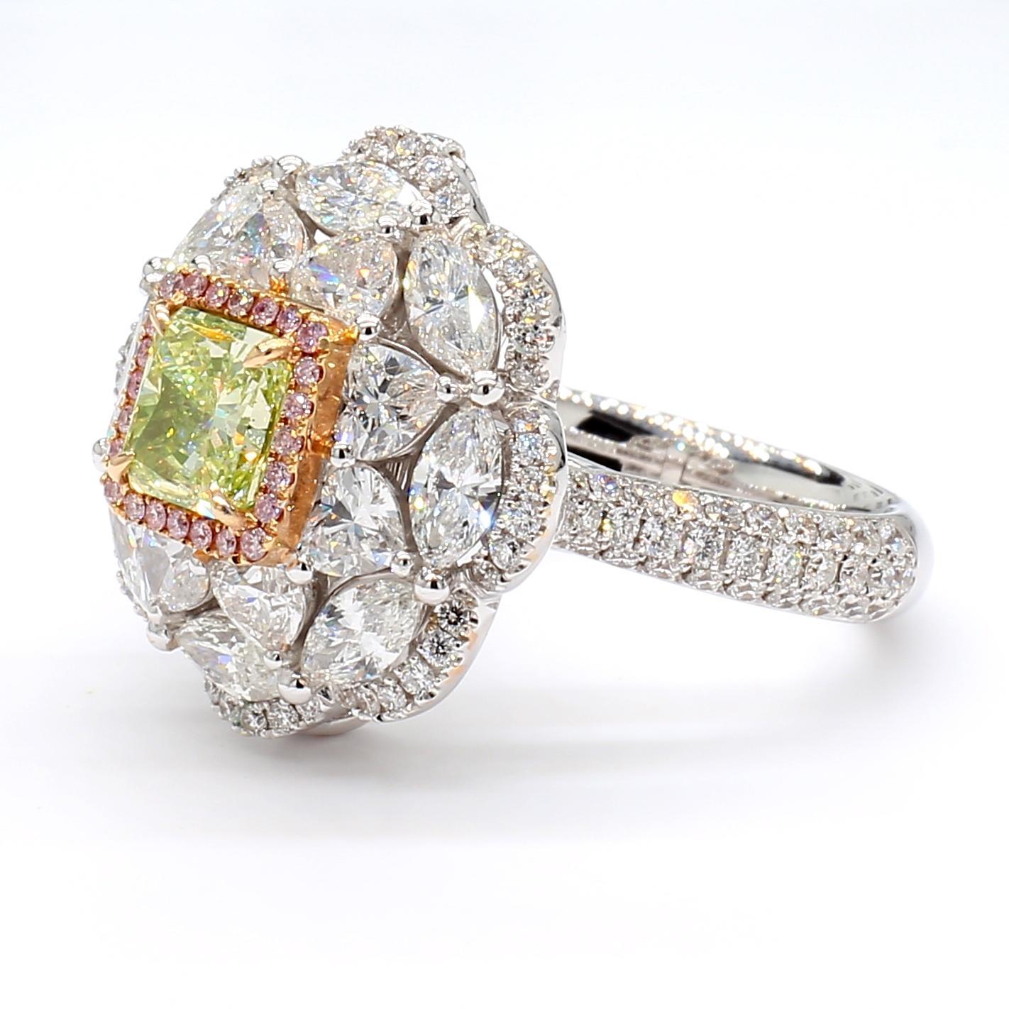 This exquisite Fancy Green-Yellow Certified Diamond Ring is a captivating blend of elegance and luxury, perfect for those who seek a unique and sophisticated piece. Crafted in 18K gold with a total weight of 9.99 grams, this ring showcases an