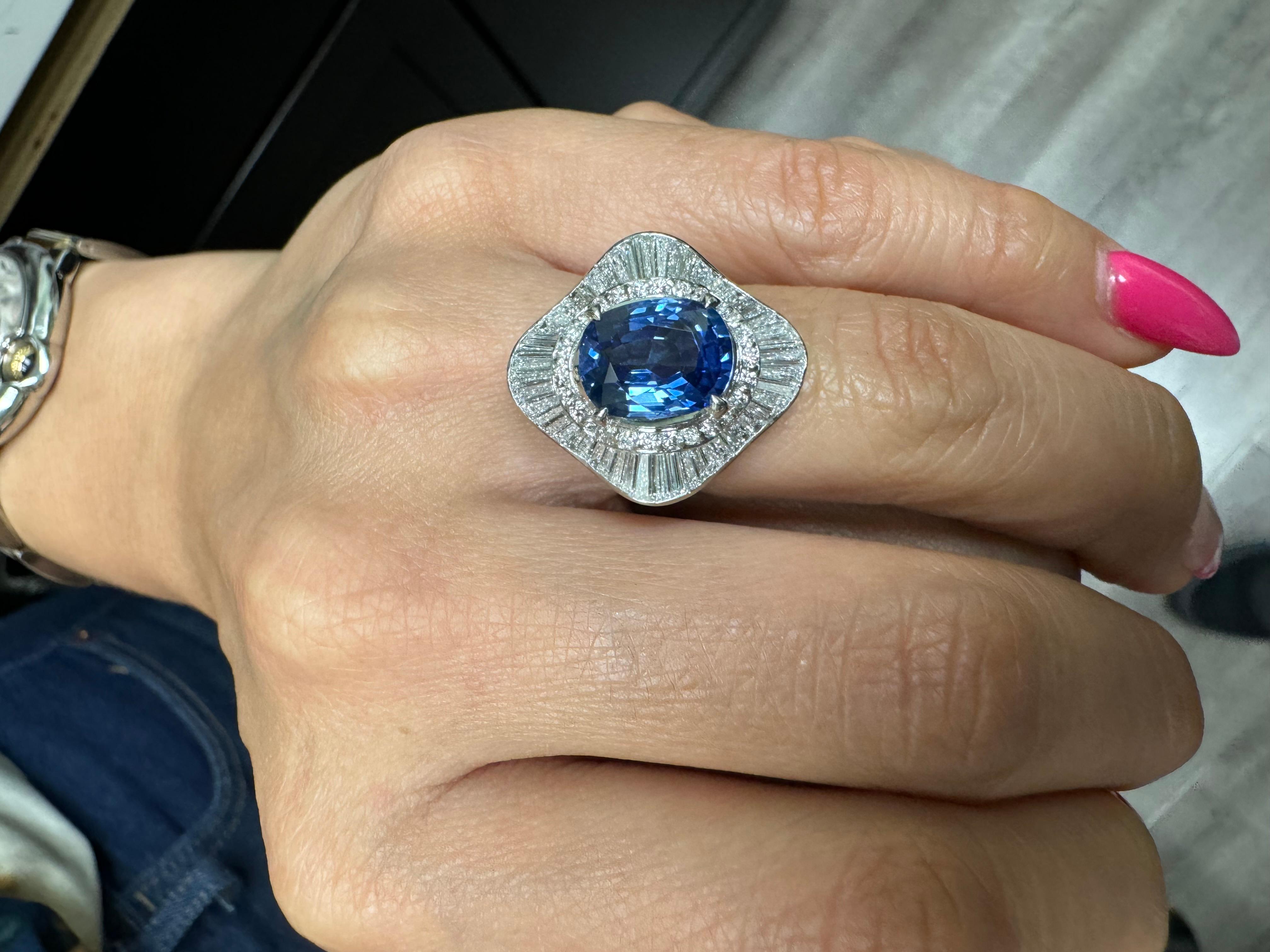 GIA Certified 3.74 Carat Oval Blue Sapphire Baguette Diamond Engagement Ring For Sale 4