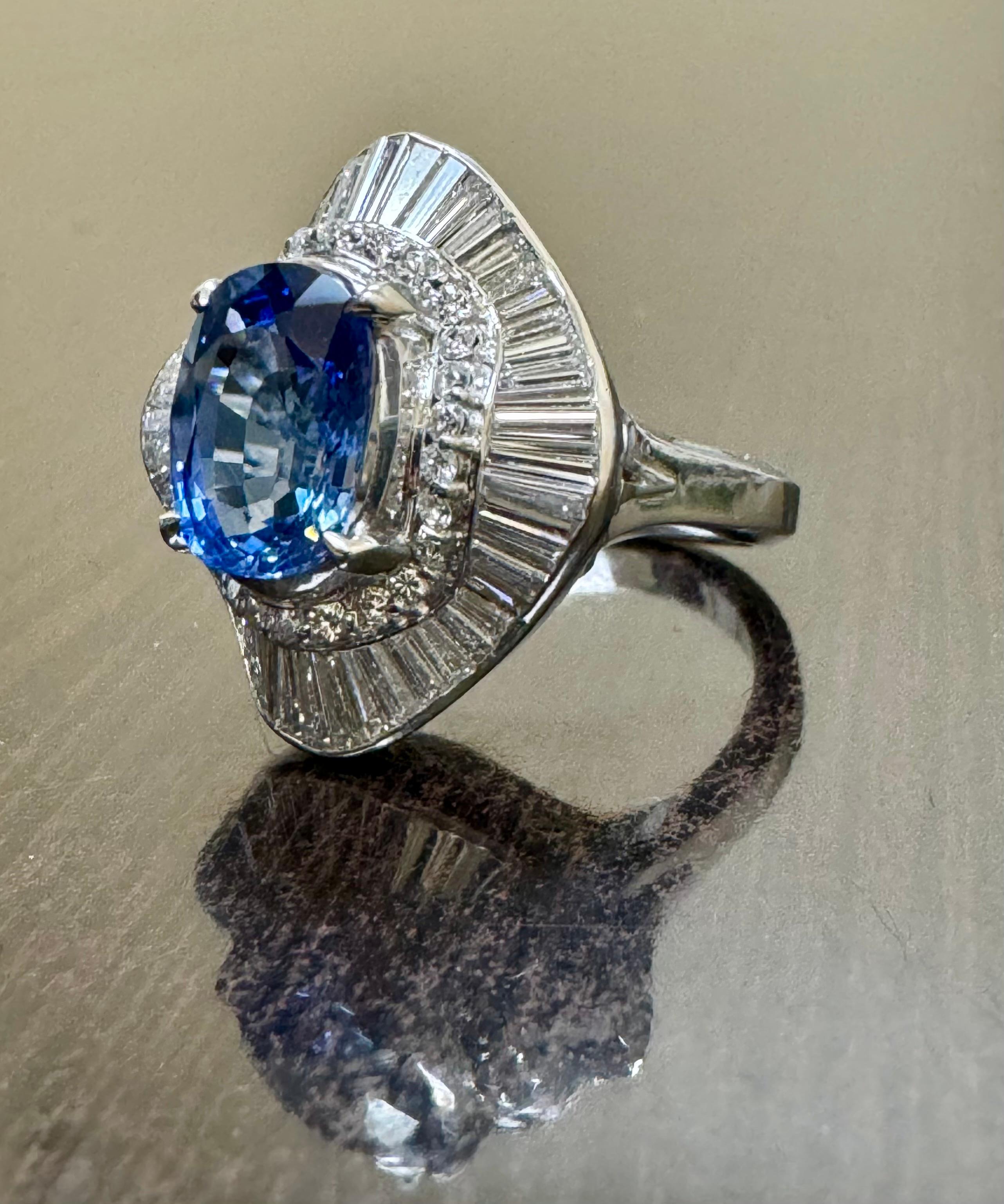 GIA Certified 3.74 Carat Oval Blue Sapphire Baguette Diamond Engagement Ring For Sale 5