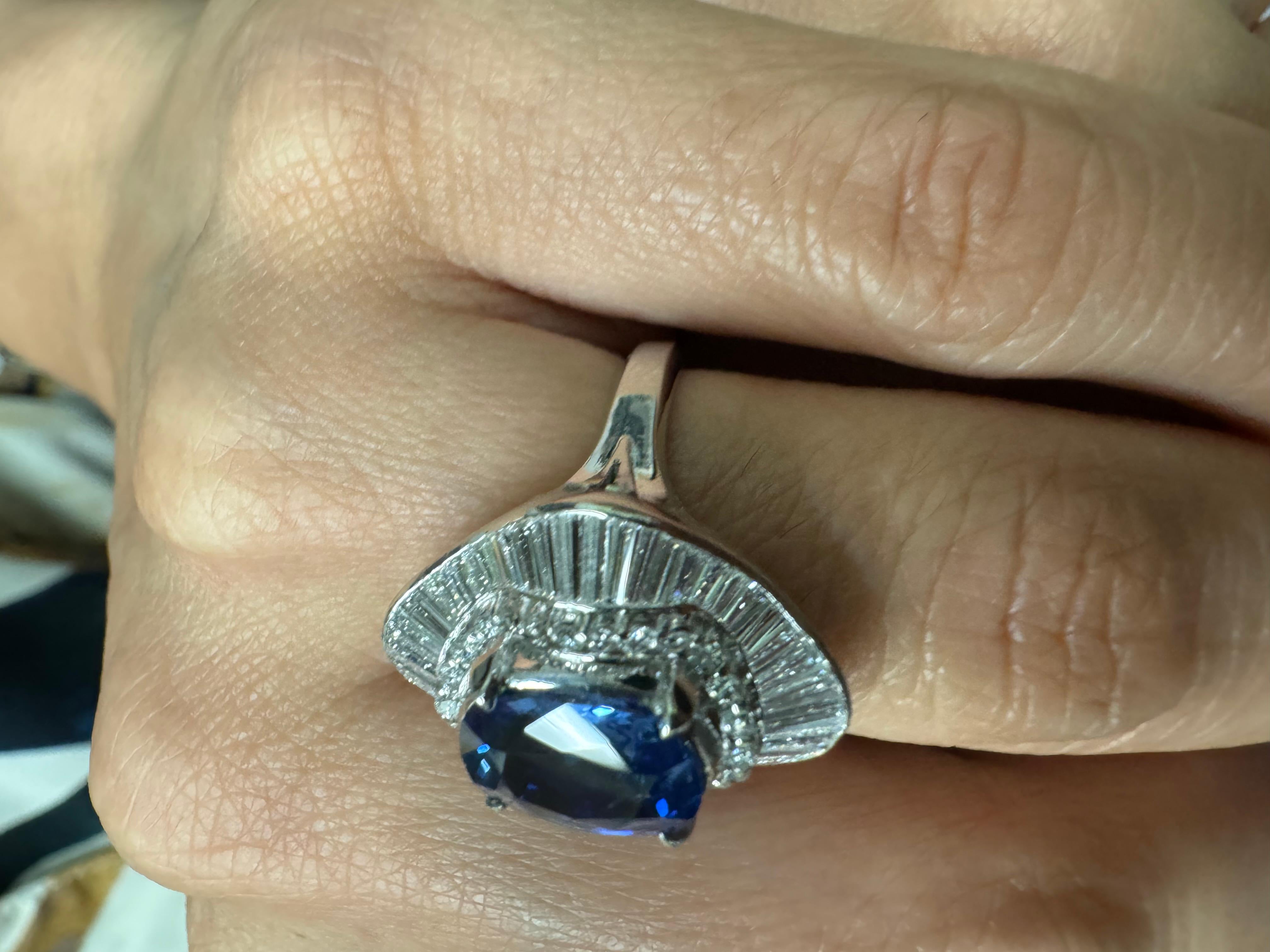 GIA Certified 3.74 Carat Oval Blue Sapphire Baguette Diamond Engagement Ring For Sale 6