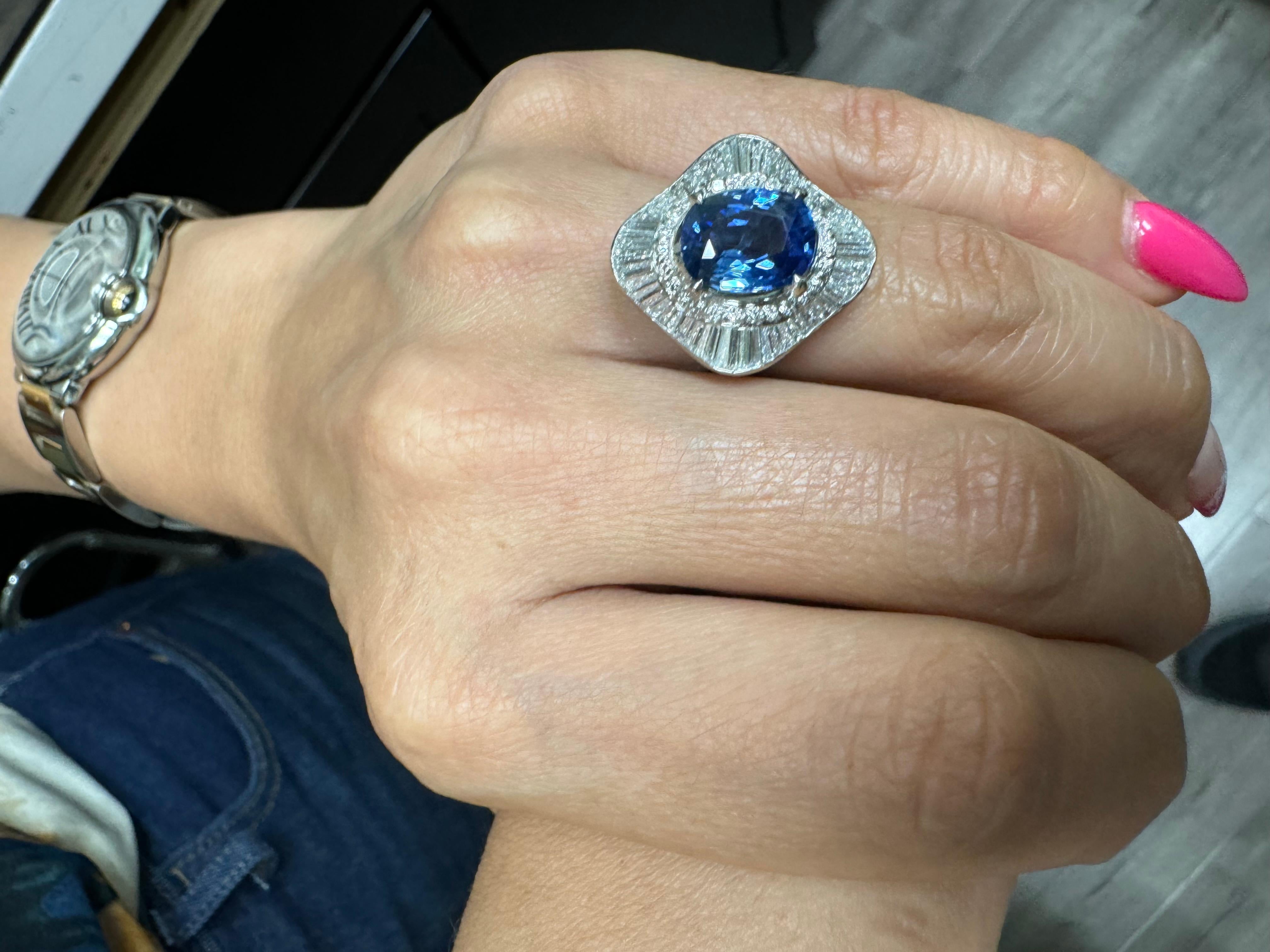 GIA Certified 3.74 Carat Oval Blue Sapphire Baguette Diamond Engagement Ring For Sale 7