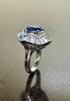 GIA Certified 3.74 Carat Oval Blue Sapphire Baguette Diamond Engagement Ring