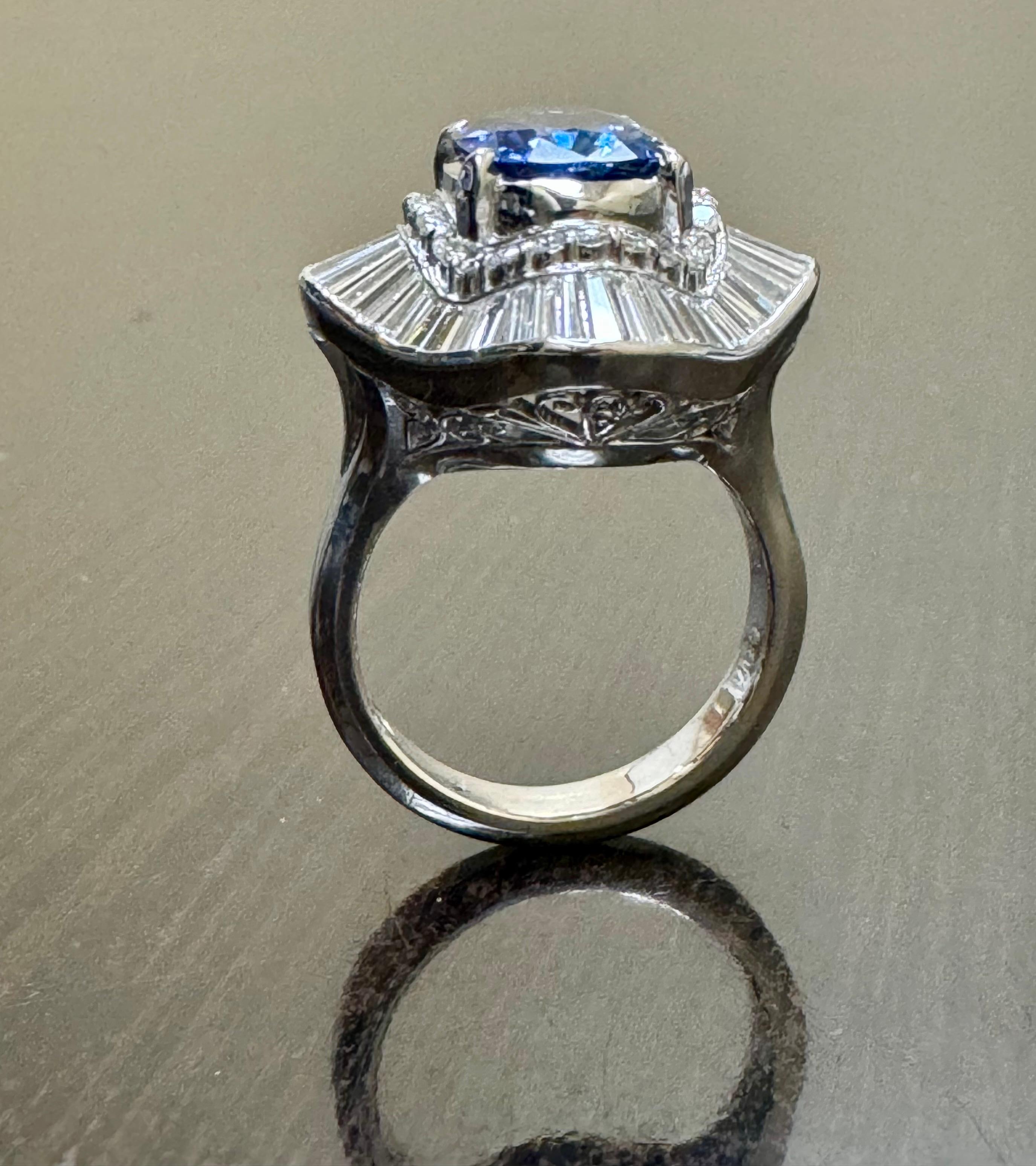 Cushion Cut GIA Certified 3.74 Carat Oval Blue Sapphire Baguette Diamond Engagement Ring For Sale