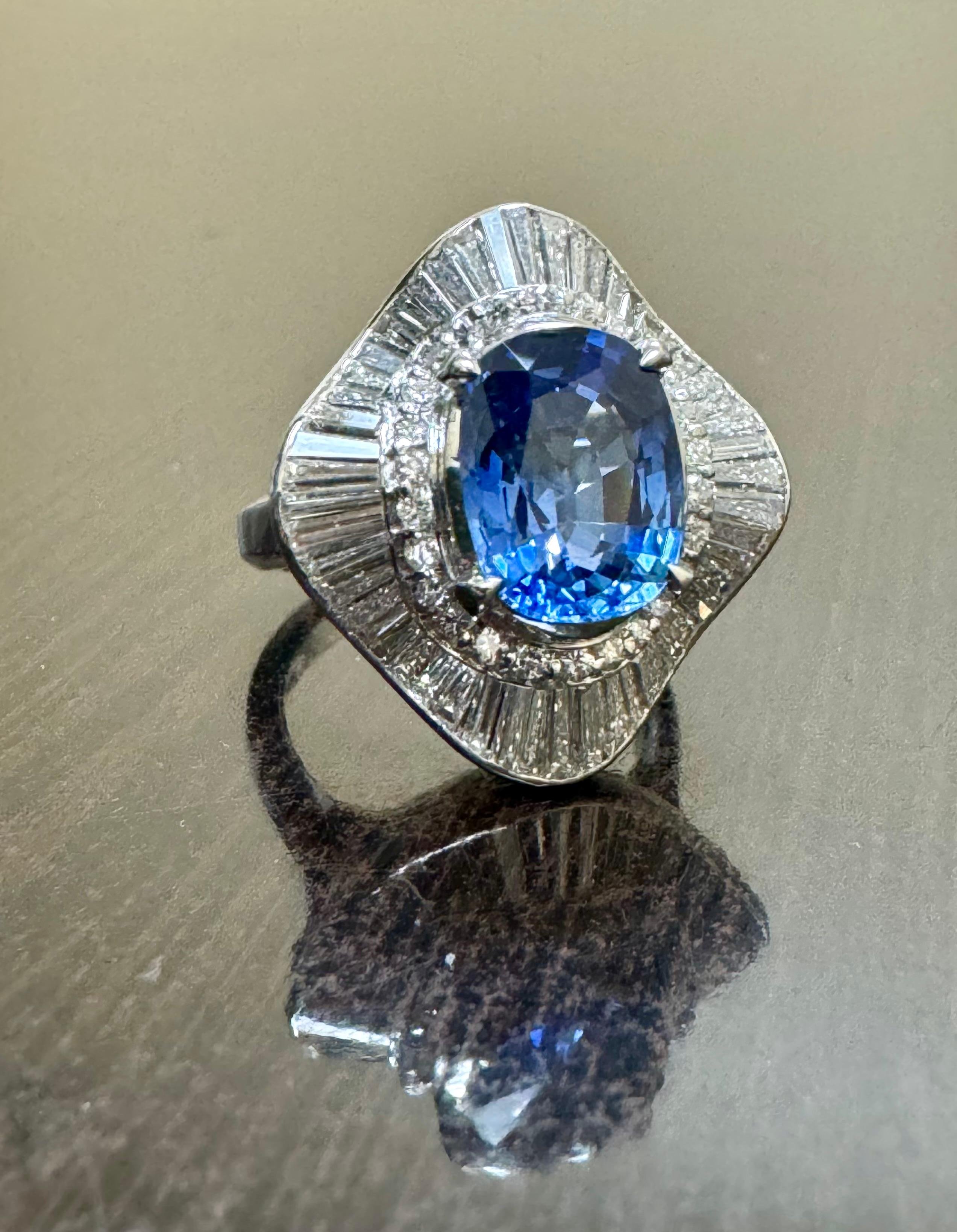 GIA Certified 3.74 Carat Oval Blue Sapphire Baguette Diamond Engagement Ring For Sale 2