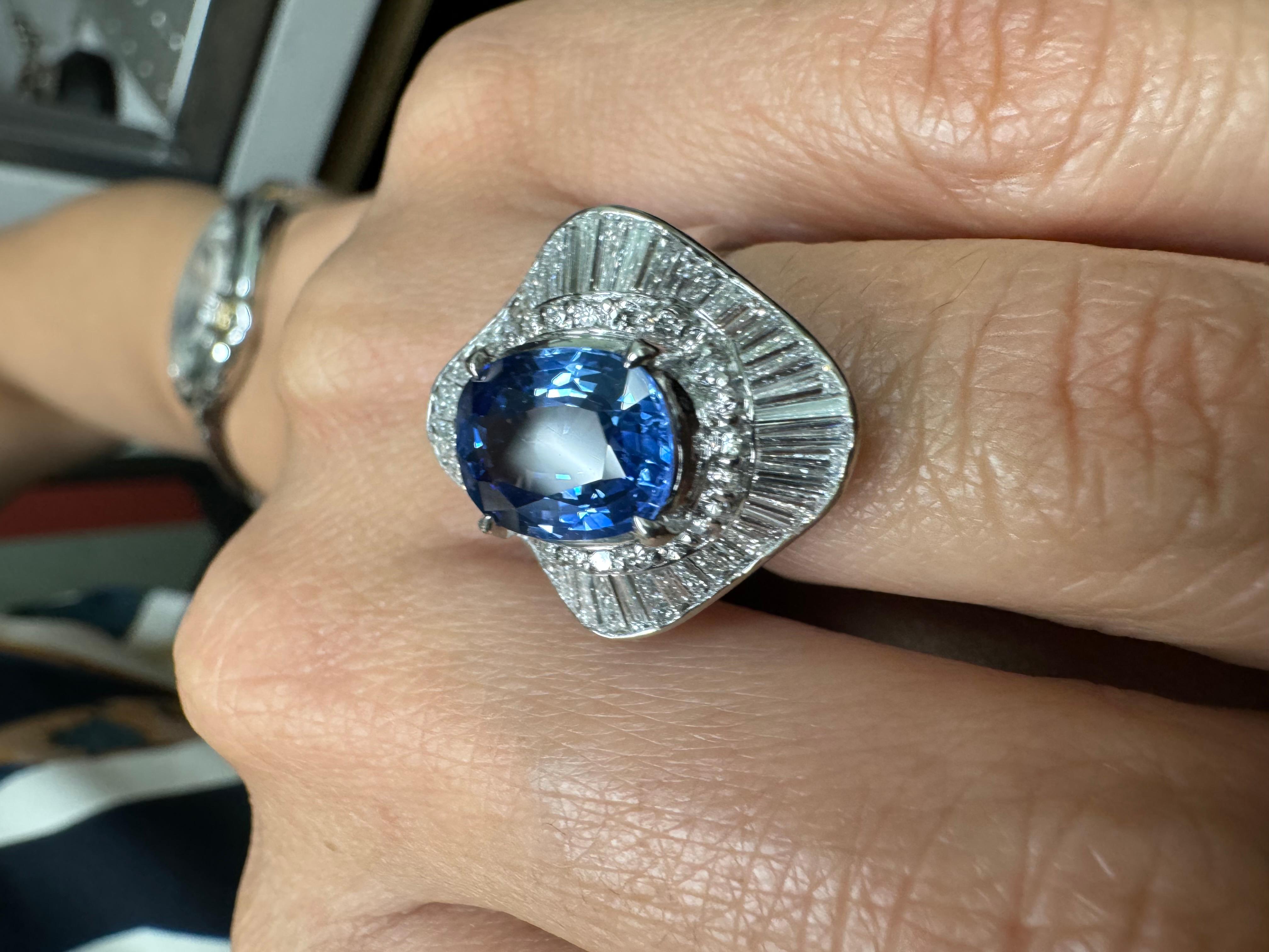 GIA Certified 3.74 Carat Oval Blue Sapphire Baguette Diamond Engagement Ring For Sale 3