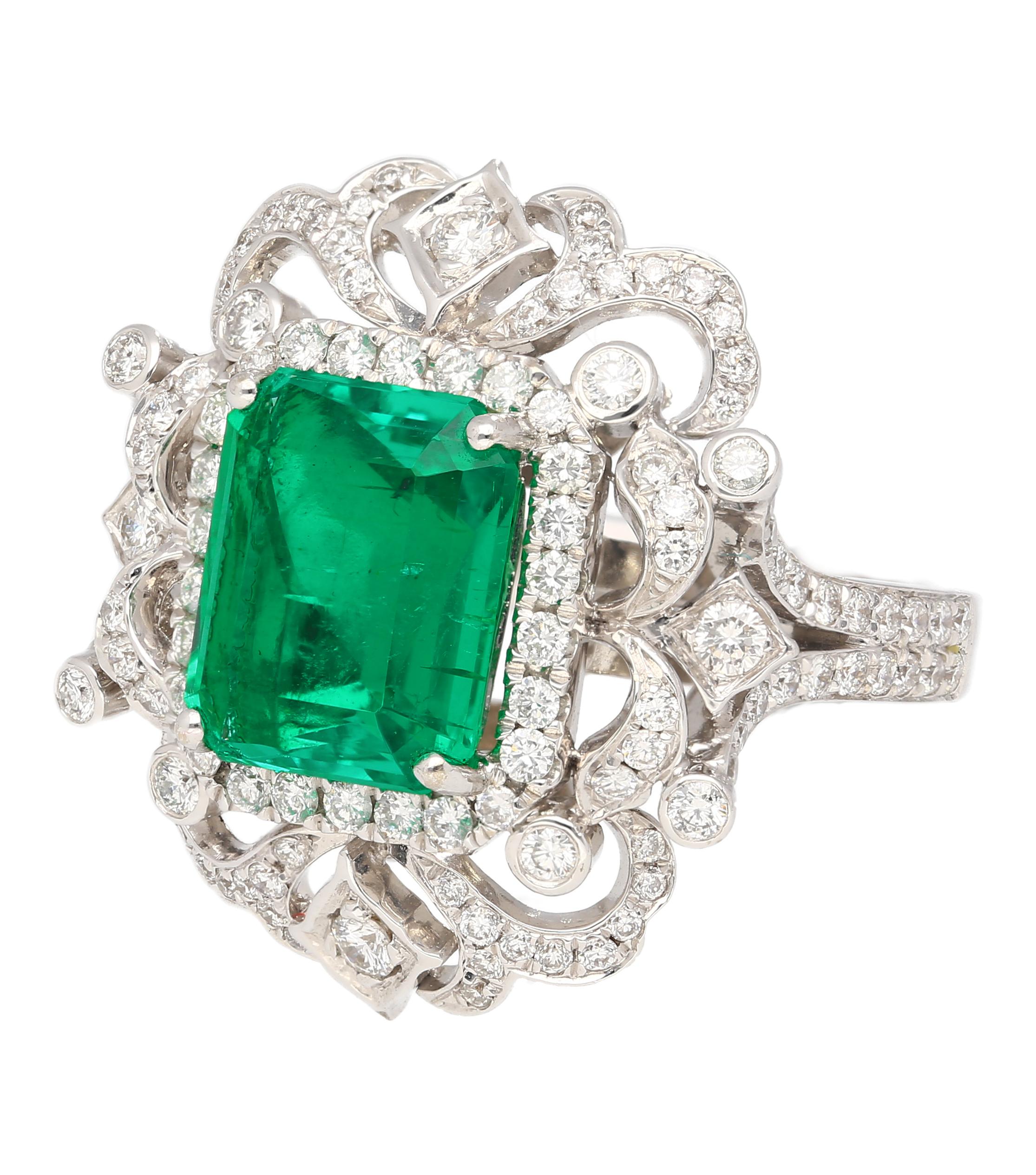 Emerald Cut GIA Certified 3.75 Carat Colombian Emerald in 18k White Gold Art Deco Ring For Sale