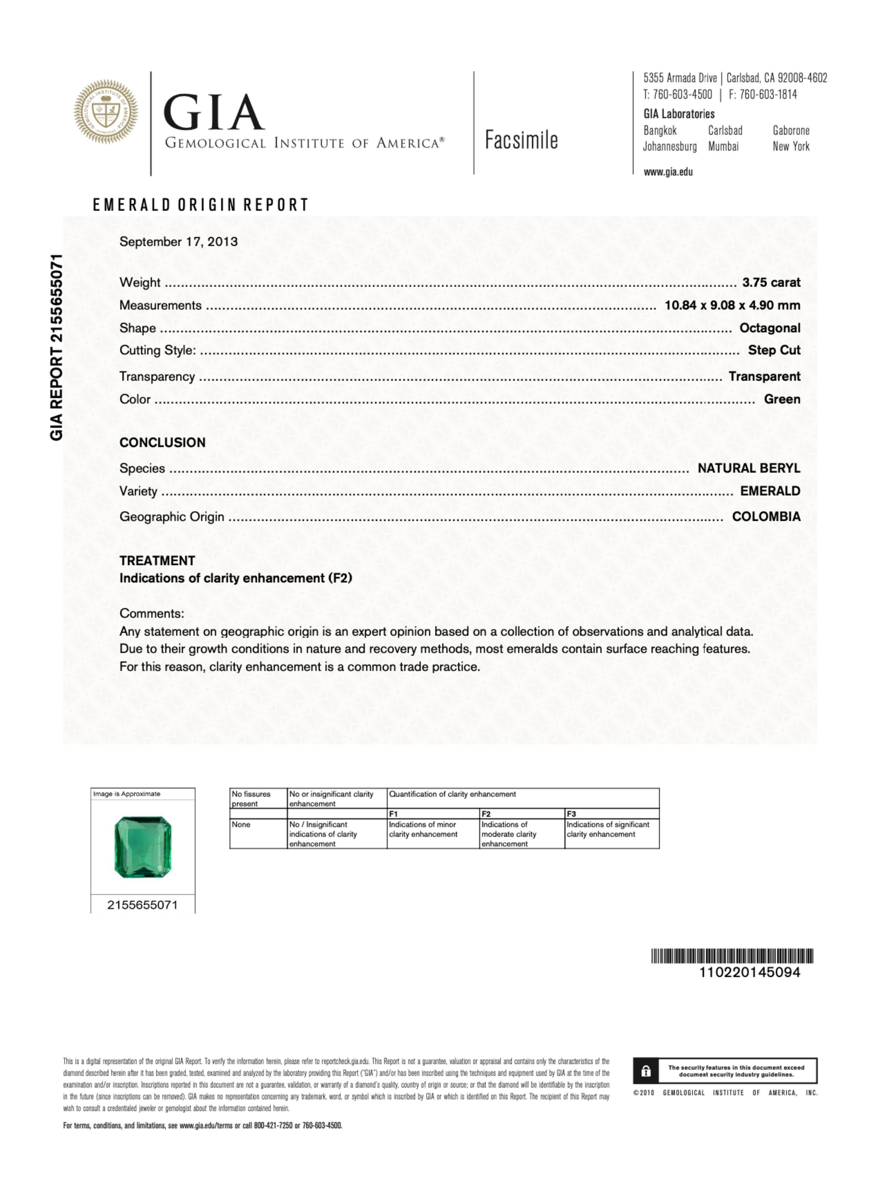 GIA Certified 3.75 Carat Colombian Emerald in 18k White Gold Art Deco Ring For Sale 2