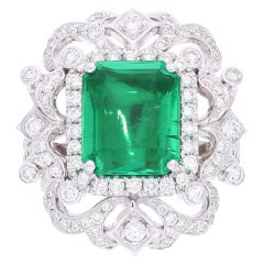 GIA Certified 3.75 Carat Colombian Emerald in 18k White Gold Art Deco Ring