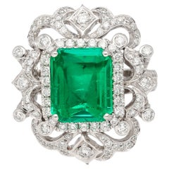 GIA Certified 3.75 Carat Colombian Emerald in 18k White Gold Art Deco Ring