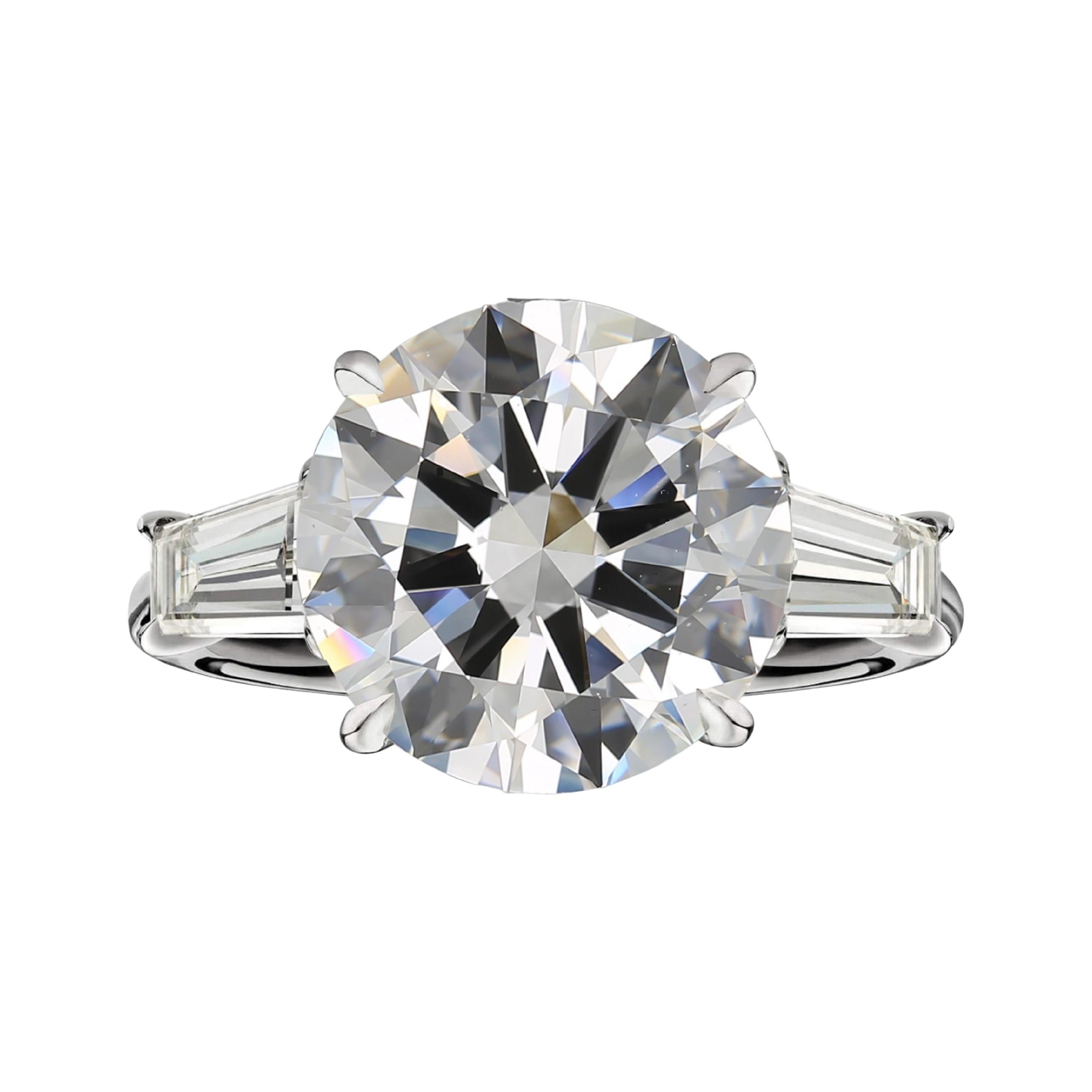 GIA Certified 3 Carat Round Brilliant Cut Diamond Tapered Baguette Ring