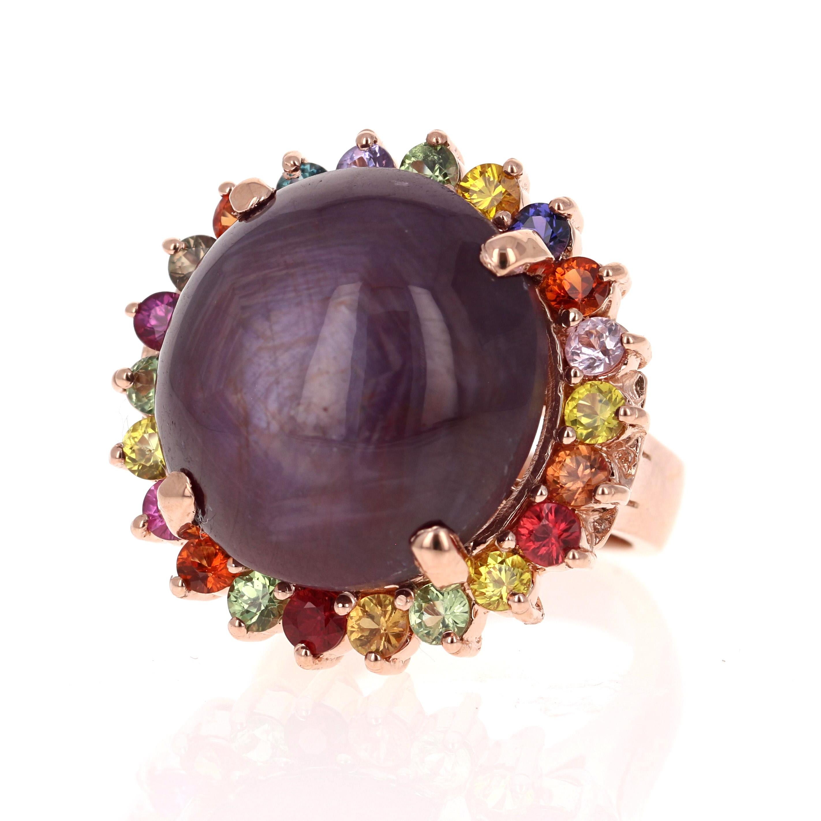 Anillo de cóctel de oro rosa de 14 quilates con rubí estrella y zafiro certificados por GIA de 37,55 quilates Contemporáneo en venta