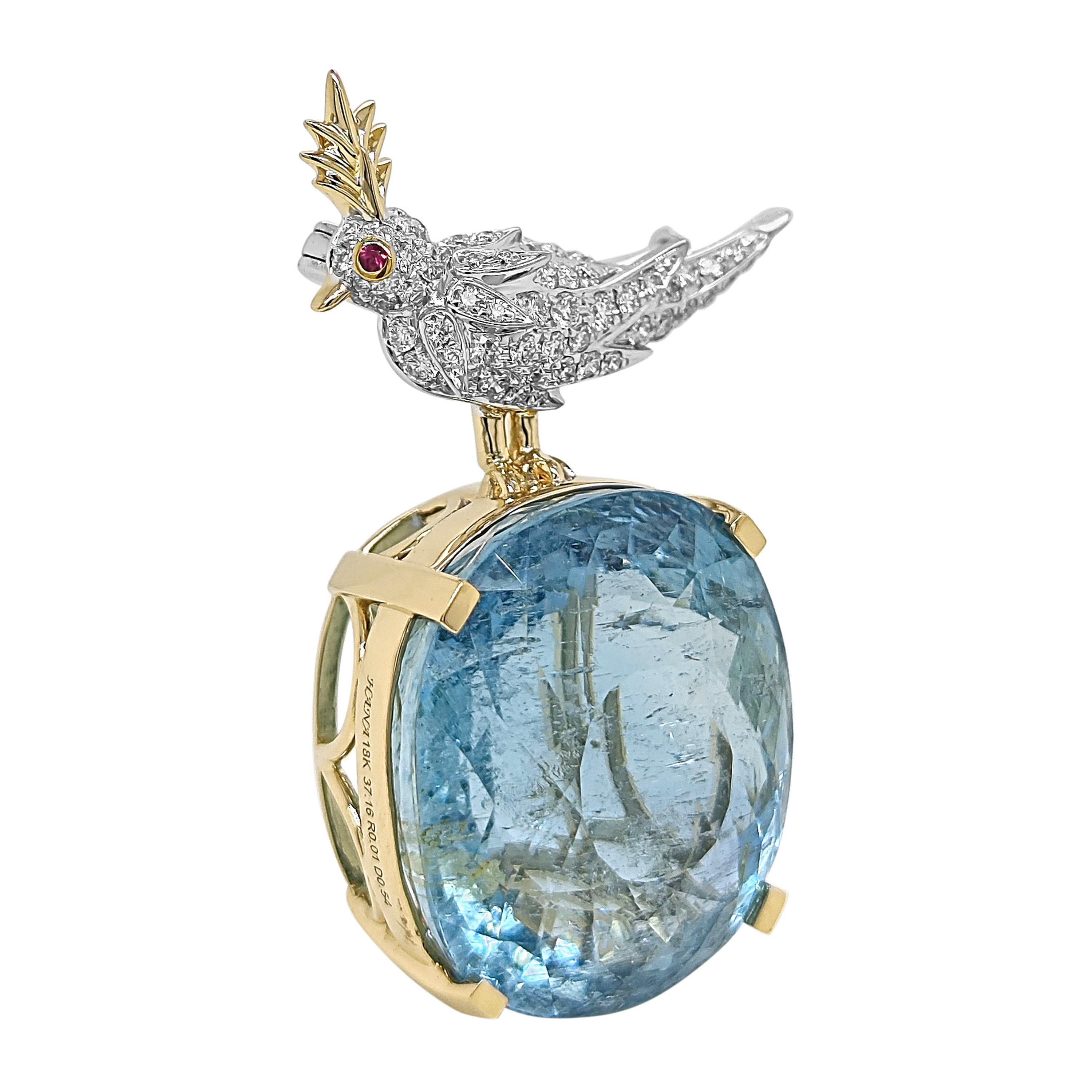 Taille mixte Pendentif en or blanc certifié GIA de 37,7 carats d'aigue-marine et de diamant blanc en vente