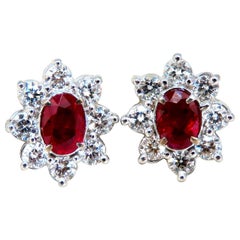 GIA Certified 3.77ct Natural Heat Ruby Diamond Cluster Earrings 14kt Unheated*