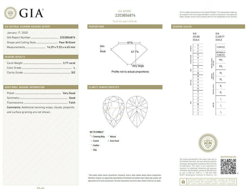 Taille poire Bague de fiançailles classique en platine avec diamant en forme de poire de 3,77 carats certifié par le GIA en vente