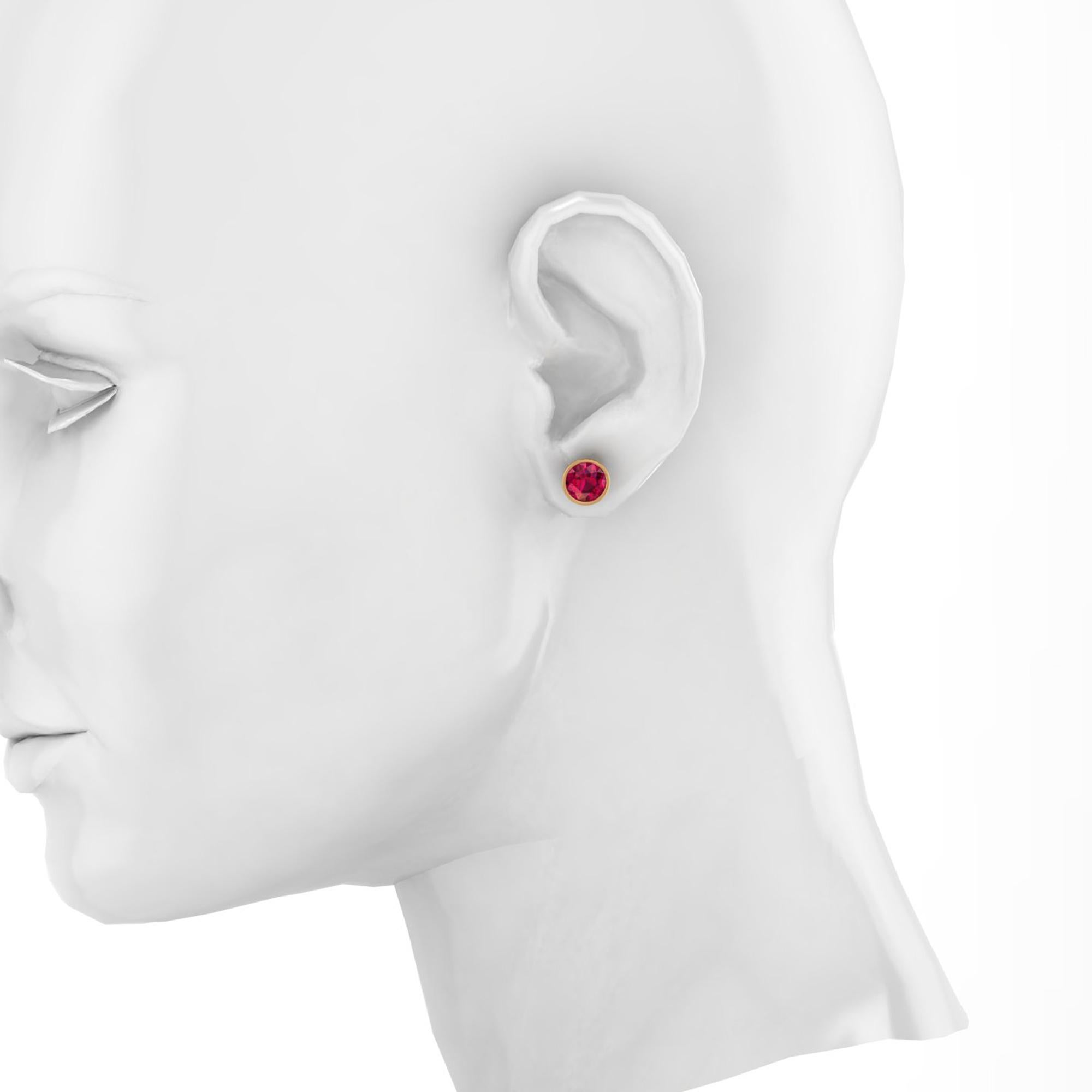 Round Cut GIA Certified 3.78 Carat Ruby Earring Studs Bezel 18 Karat Yellow Gold For Sale