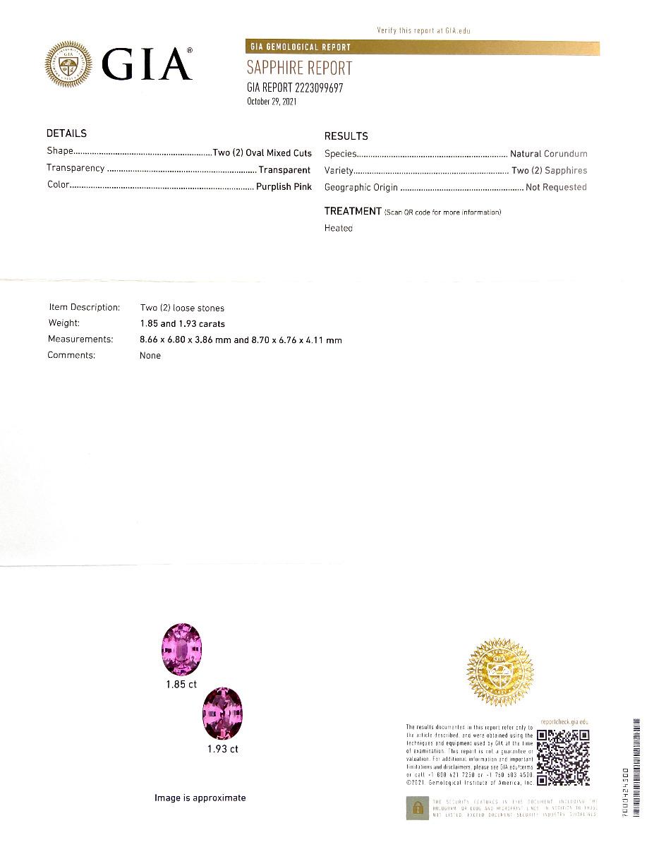 Identification: Natural Pink Sapphires

• Carat: 1.85 and 1.93 carats
• Shape: Oval
• Measurement: 8.66 x 6.80 x 3.86 mm, 8.70 x 6.76 x 4.11 mm
• Color: Purplish Pink
• Cut: Mixed
• Color Zoning: None
• Treatment: Heated
• Report: GIA

This pair of