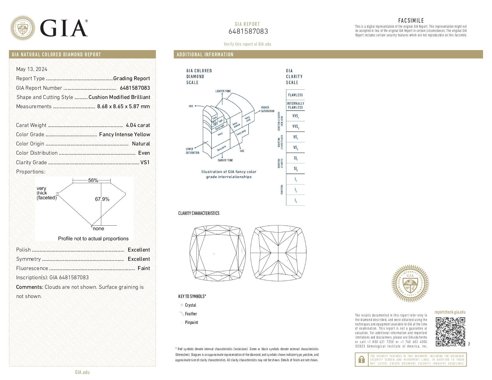 GIA Certified 4.04 Carat Cushion Fancy Intense Yellow Diamond Ring In New Condition For Sale In Chicago, IL