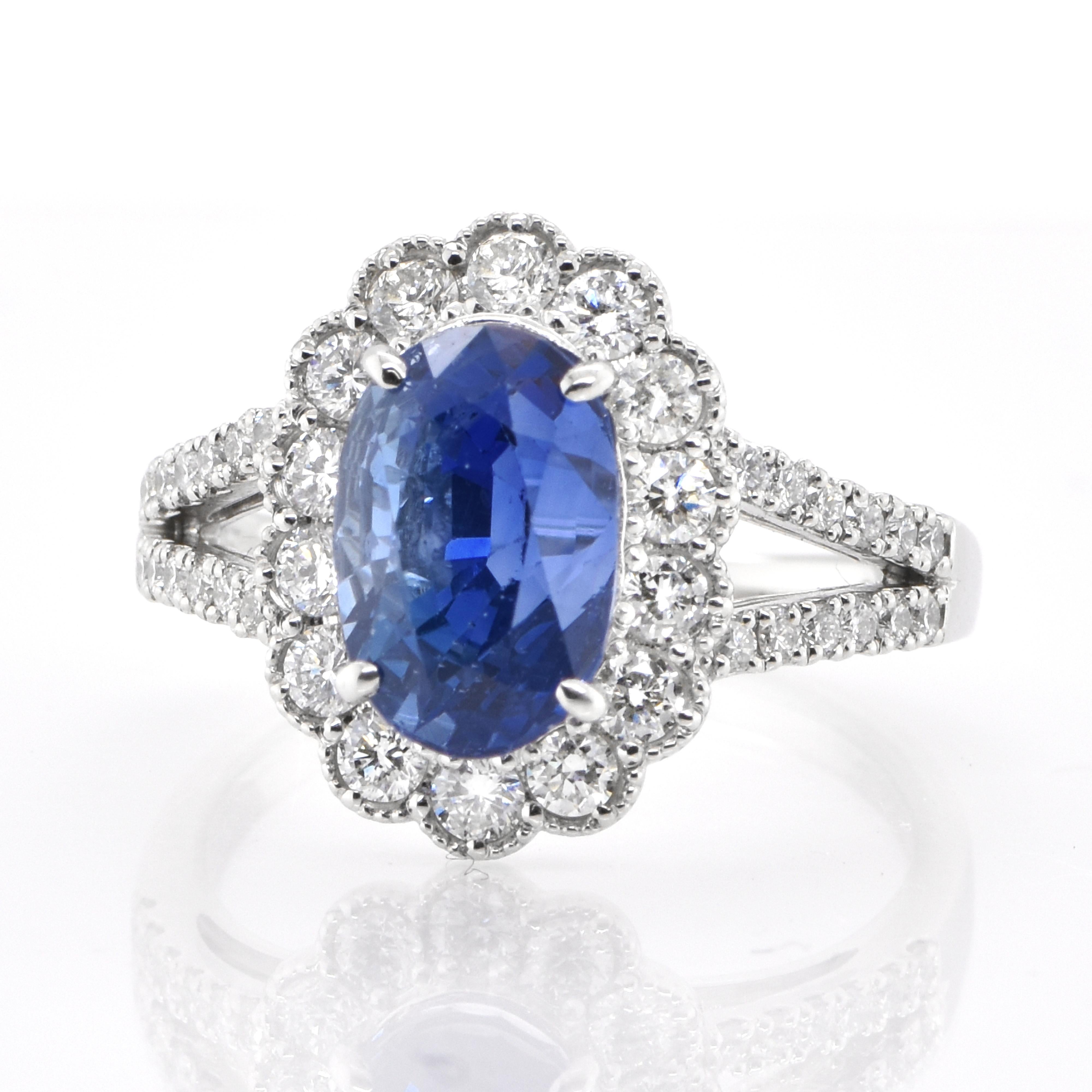 A beautiful ring featuring GIA Certified 3.79 Carat, Natural, Ceylon (Sri Lankan) Sapphire and 0.73 Carats Diamond Accents set in Platinum Sapphires have extraordinary durability - they excel in hardness as well as toughness and durability making