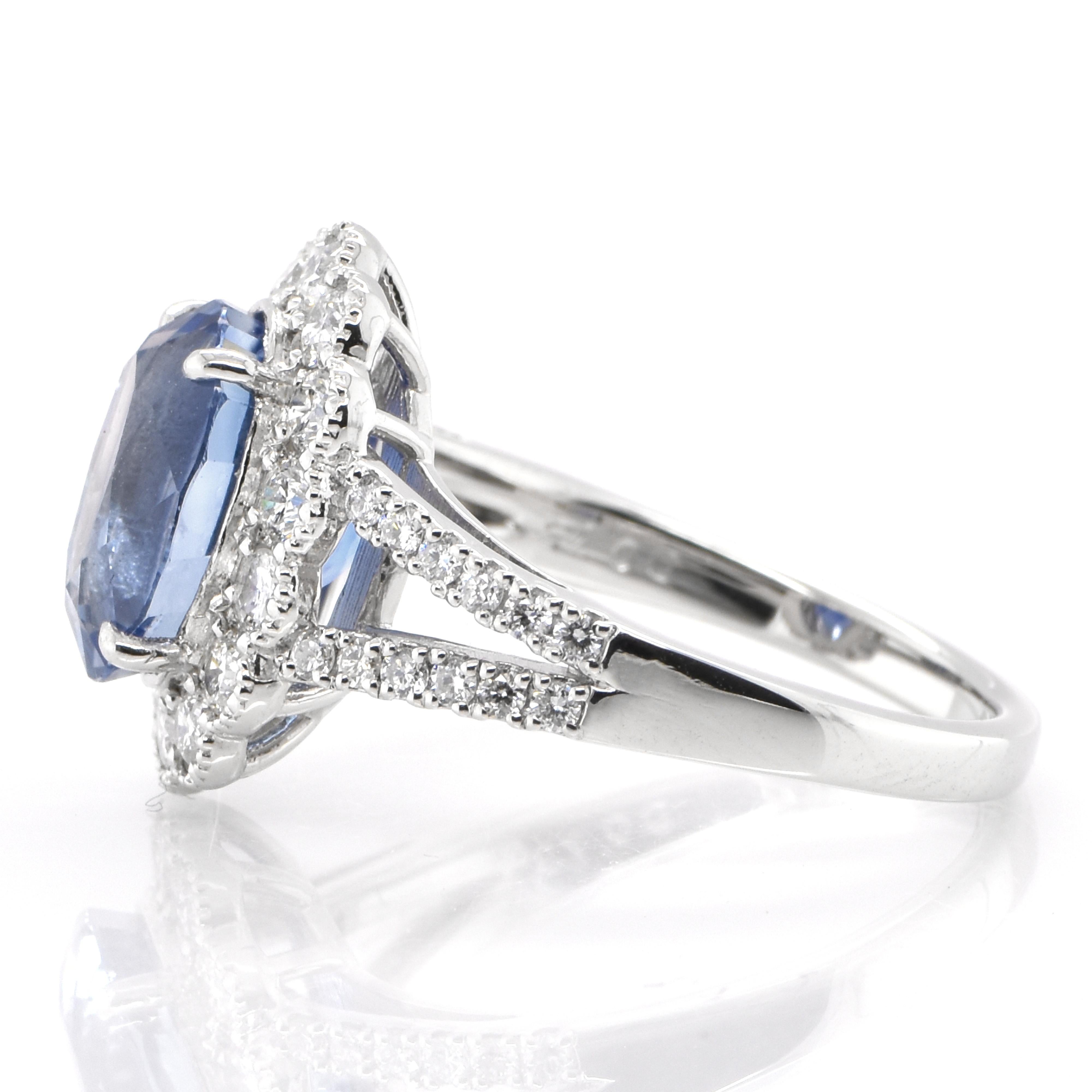 Oval Cut GIA Certified 3.79 Carat Natural, Ceylon Sapphire & Diamond Ring Set in Platinum For Sale