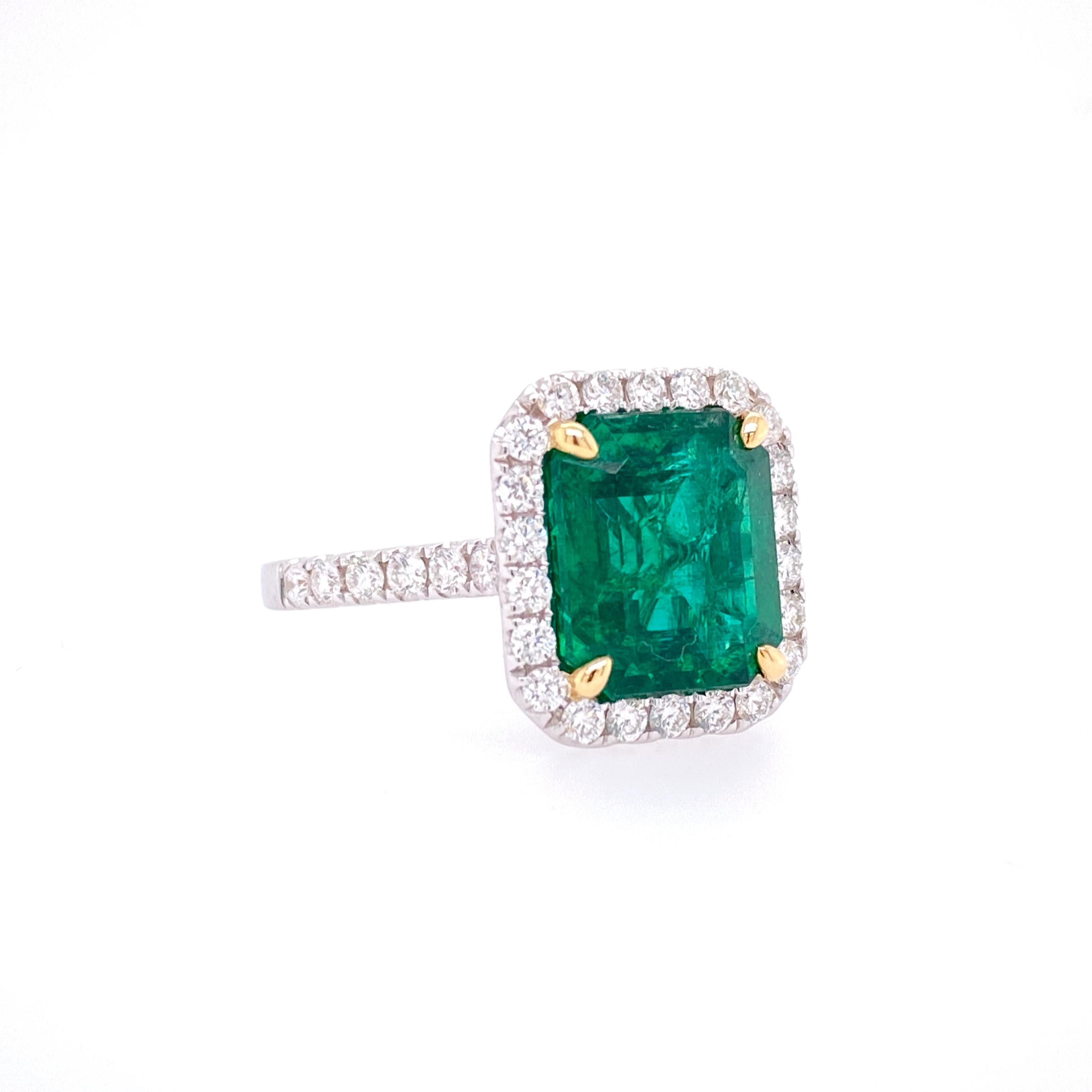 Emerald Cut GIA Certified 3.80 Carat Emerald and Diamond Ring For Sale