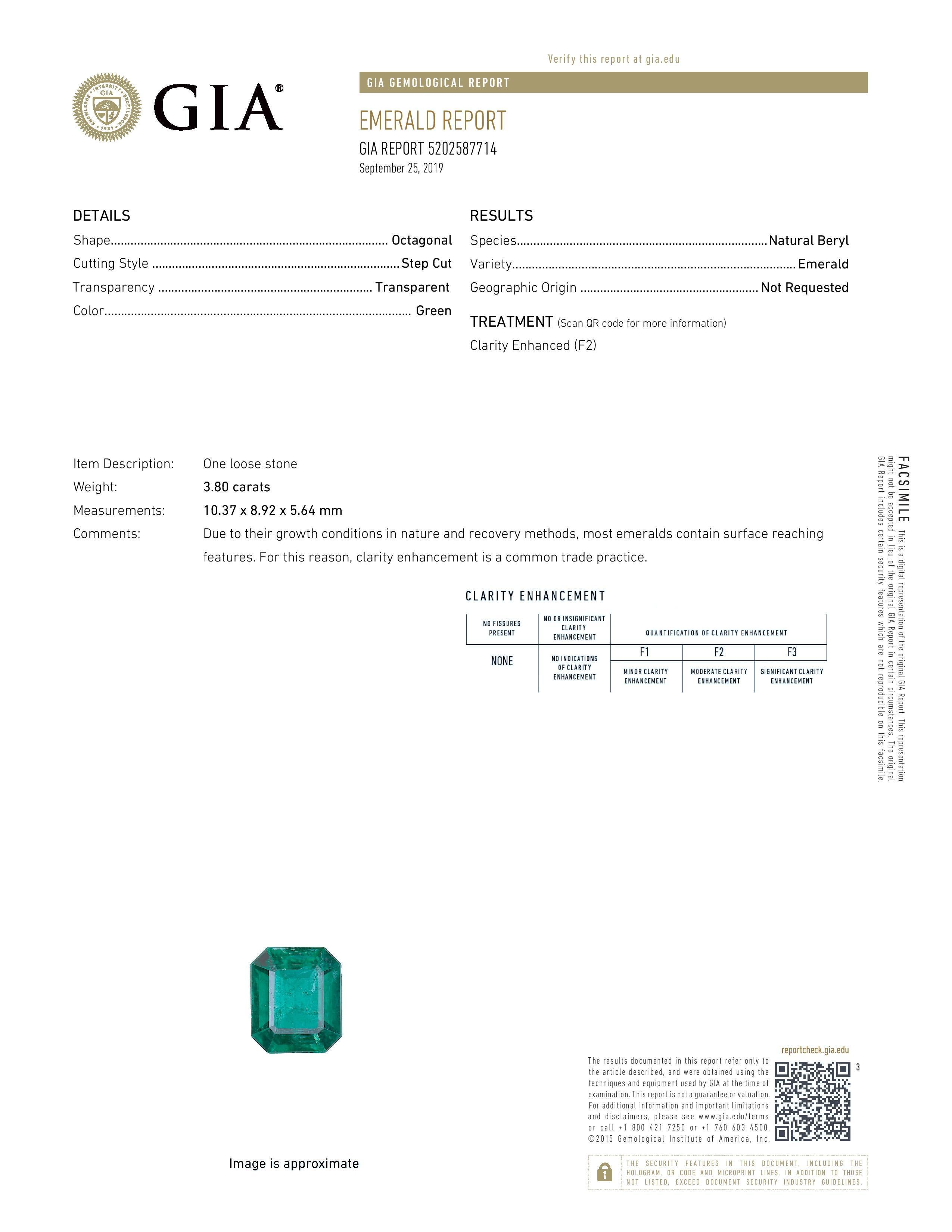 GIA Certified 3.80 Carat Emerald and Diamond Ring 1