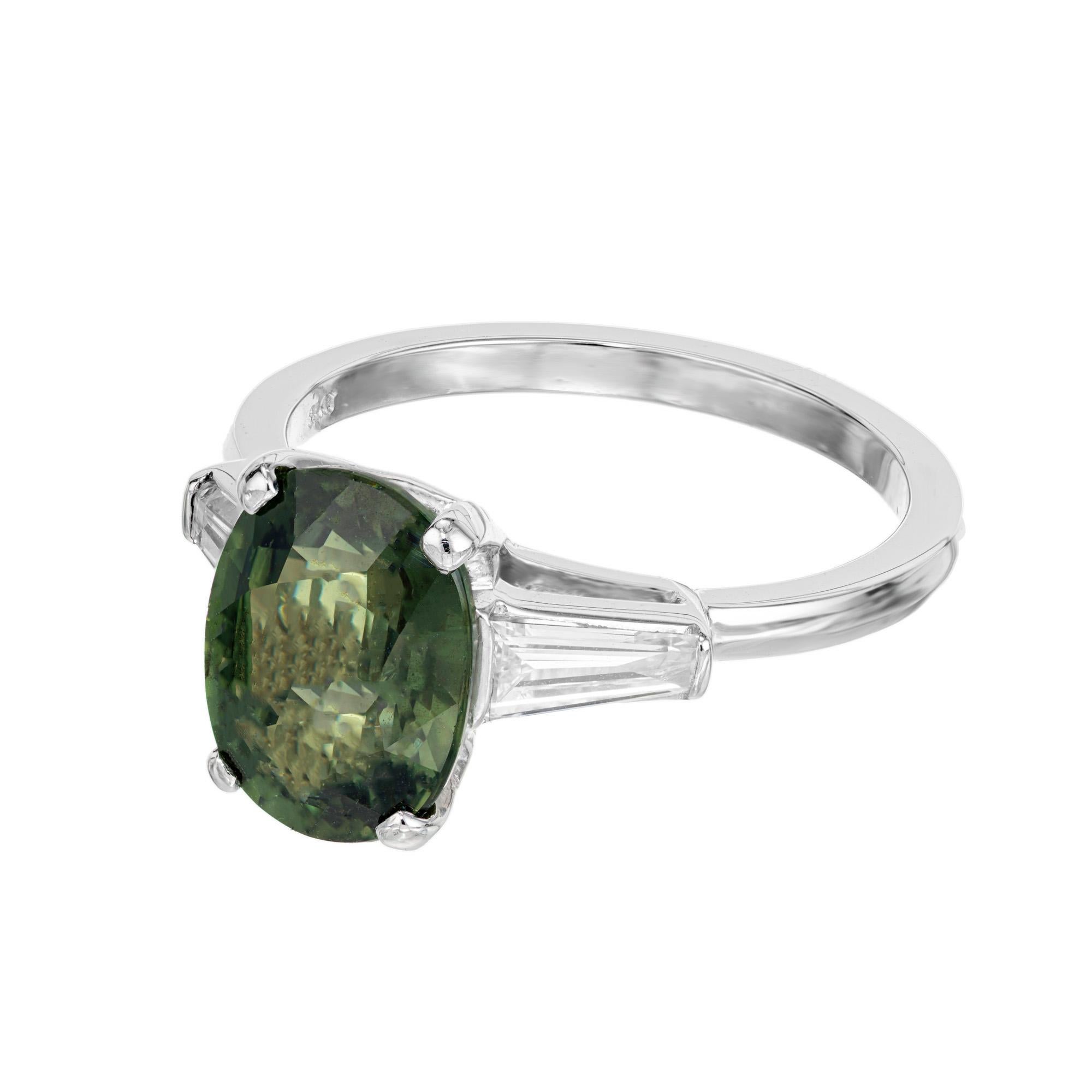 Oval Cut GIA Certified 3.80 Carat Natural Green Sapphire Diamond Platinum Engagement Ring For Sale
