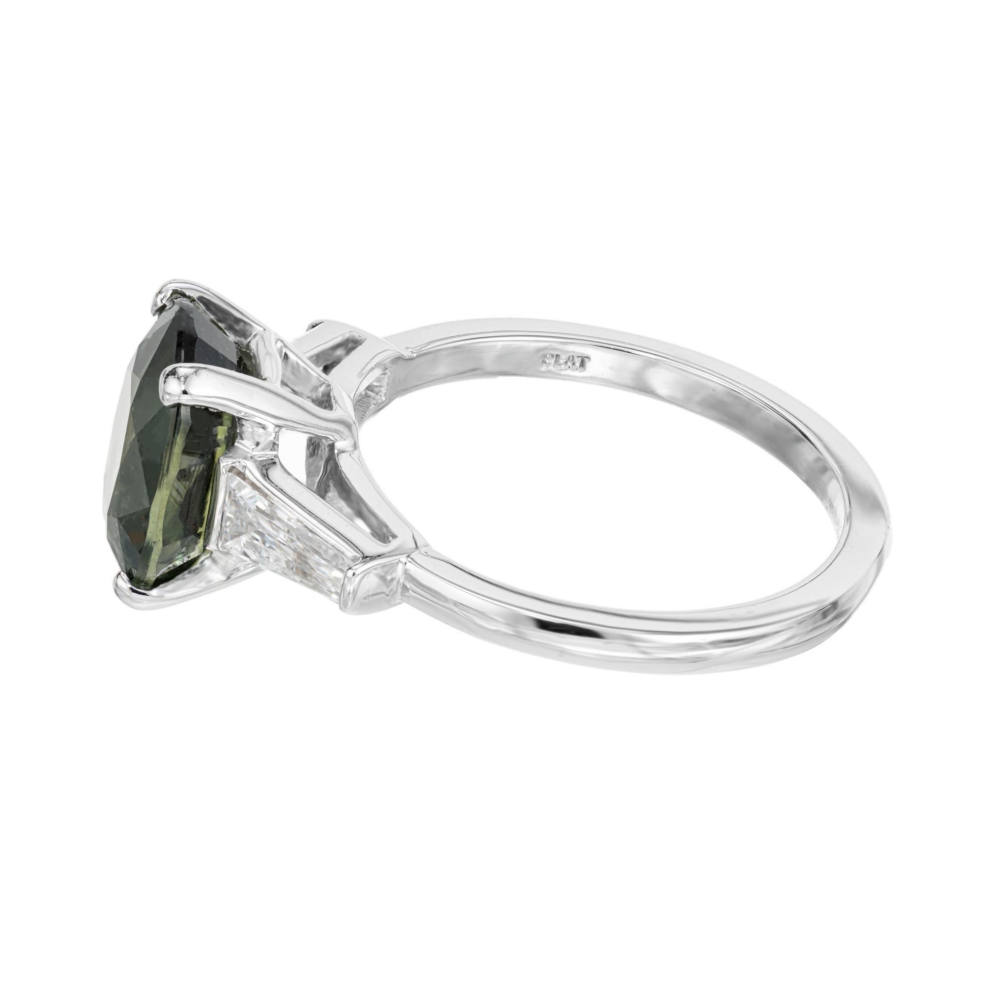 GIA Certified 3.80 Carat Natural Green Sapphire Diamond Platinum Engagement Ring For Sale 1