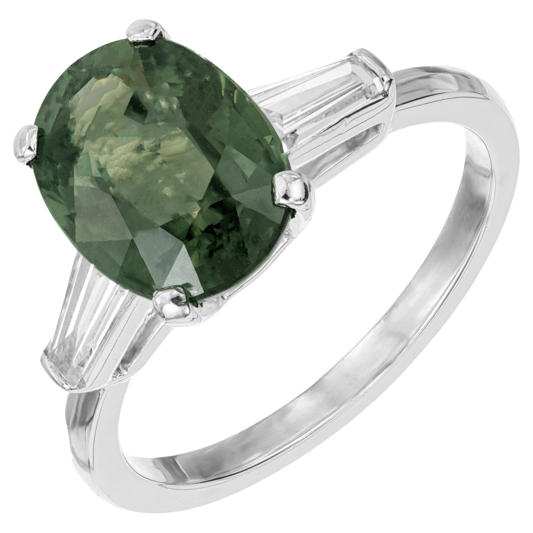 GIA Certified 3.80 Carat Natural Green Sapphire Diamond Platinum Engagement Ring