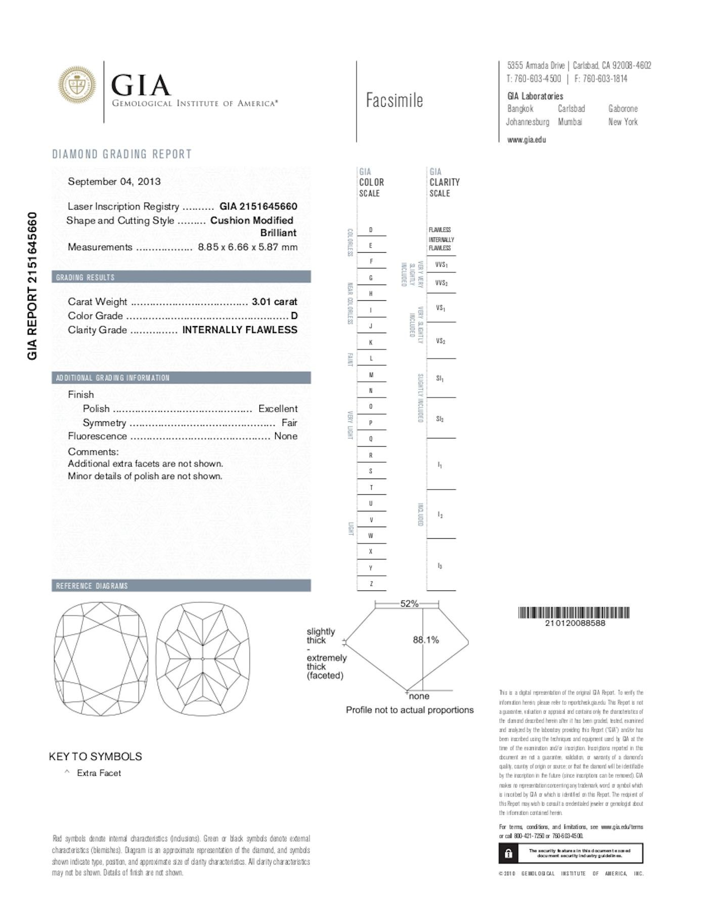 GIA-zertifizierter 3 Karat makelloser Diamantring mit D-Farbschliff im Kissenschliff (Art déco)