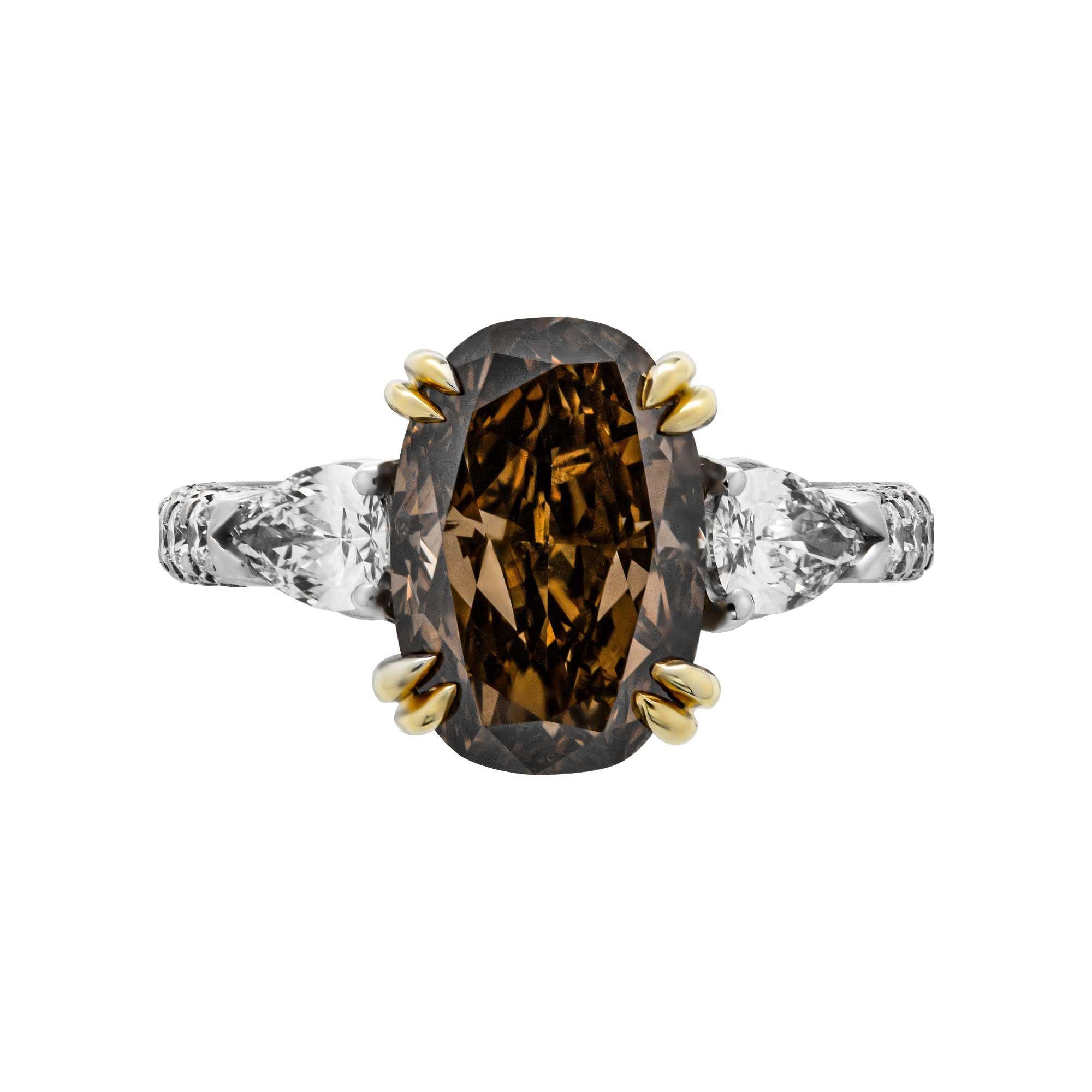 Mounted in handmade custom design setting featuring Platinum 950, 5 rows of diamonds on the shank and gallery under each stone, a true piece of art

Setting features exceptional pave work, delicate yet sturdy, includes approximately 0.56ct (66