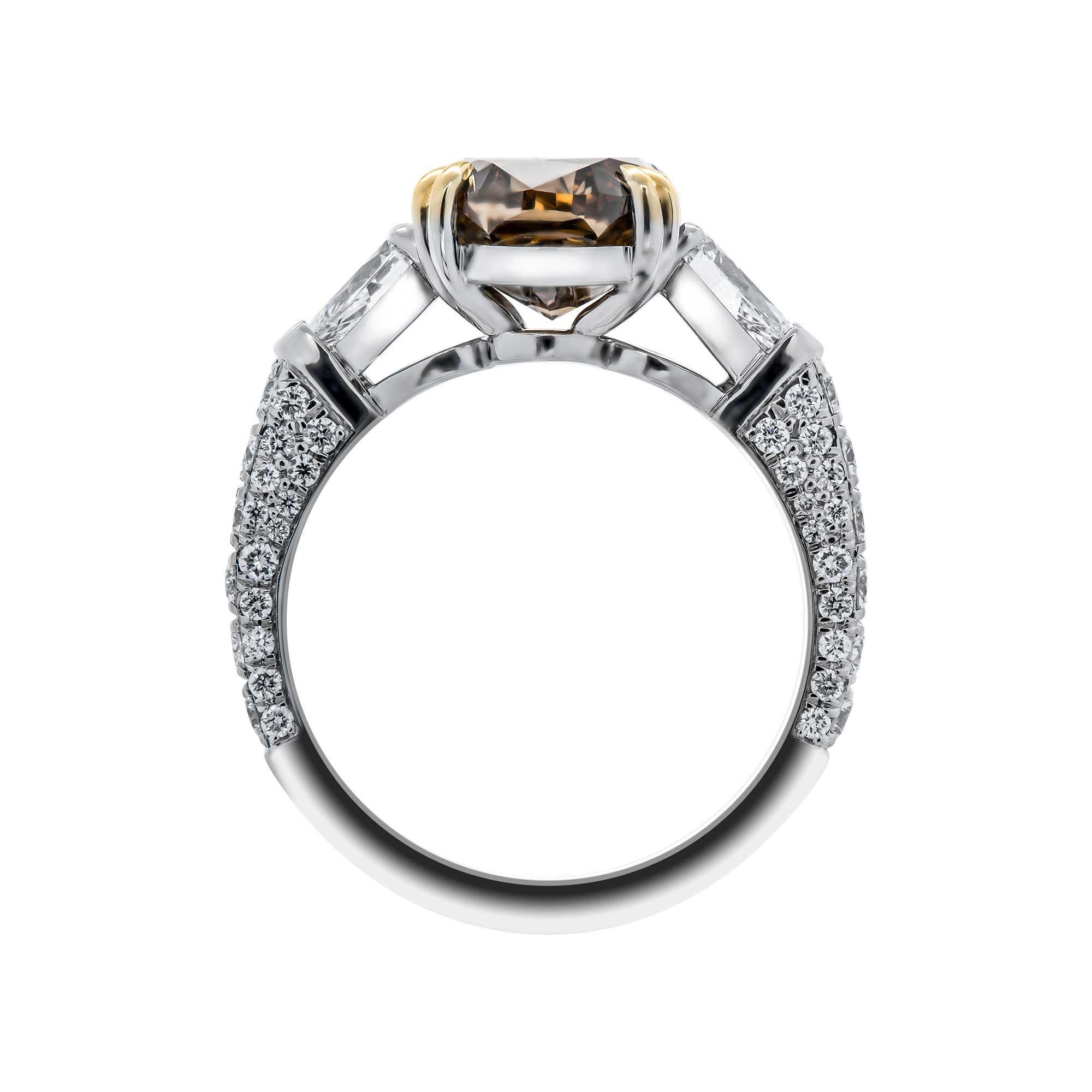 Oval Cut GIA Certified 3.81 Carat Oval Fancy Brown-Orange Diamond Three-Stone Ring