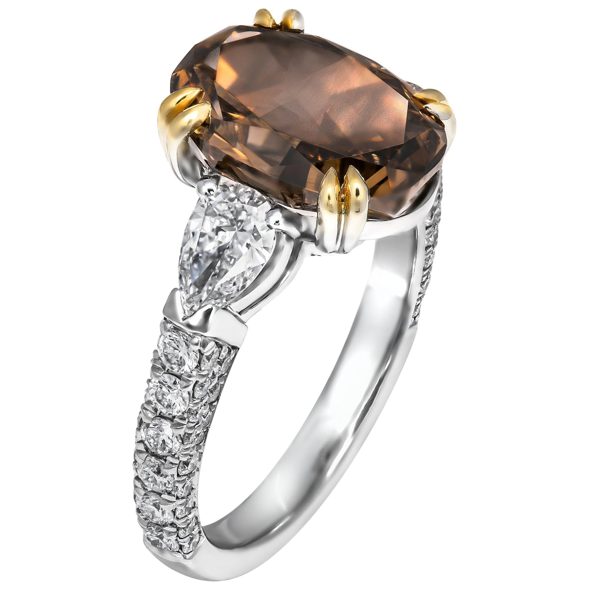GIA Certified 3.81 Carat Oval Fancy Brown-Orange Diamond Three-Stone Ring