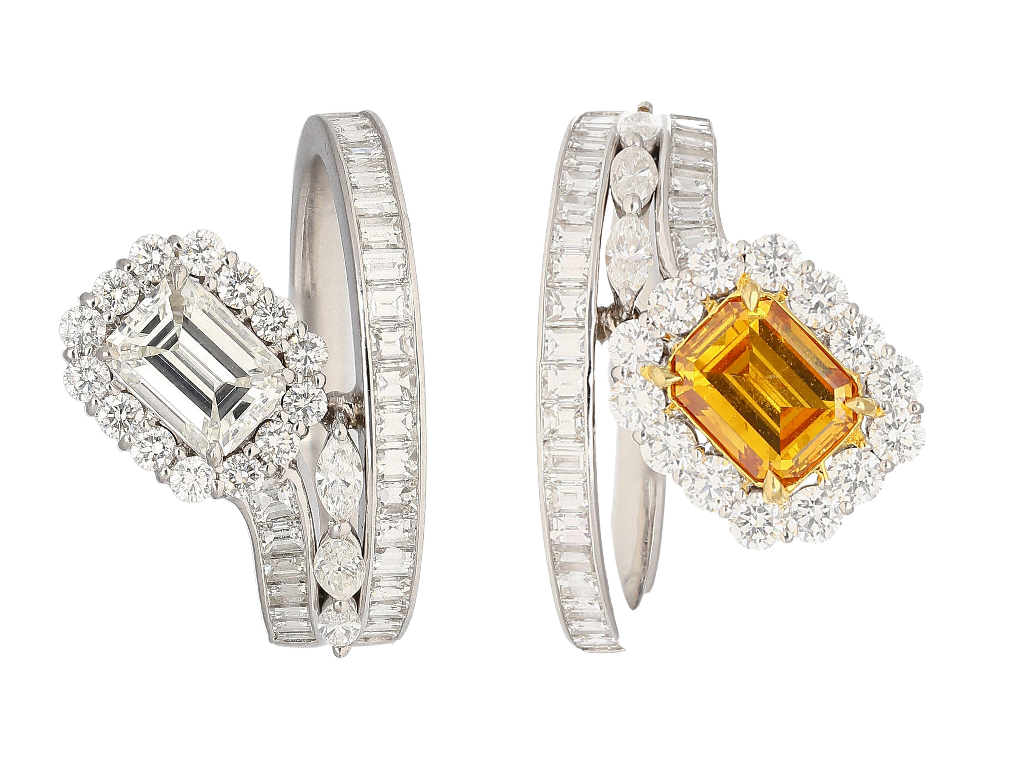 A two-piece detachable engagement ring in 18k solid gold. Each band contains a GIA-certified center stone and can be stacked or worn in unison. Featuring 3.81 carats of natural diamonds. The orange diamond is a GIA certified natural Fancy Deep