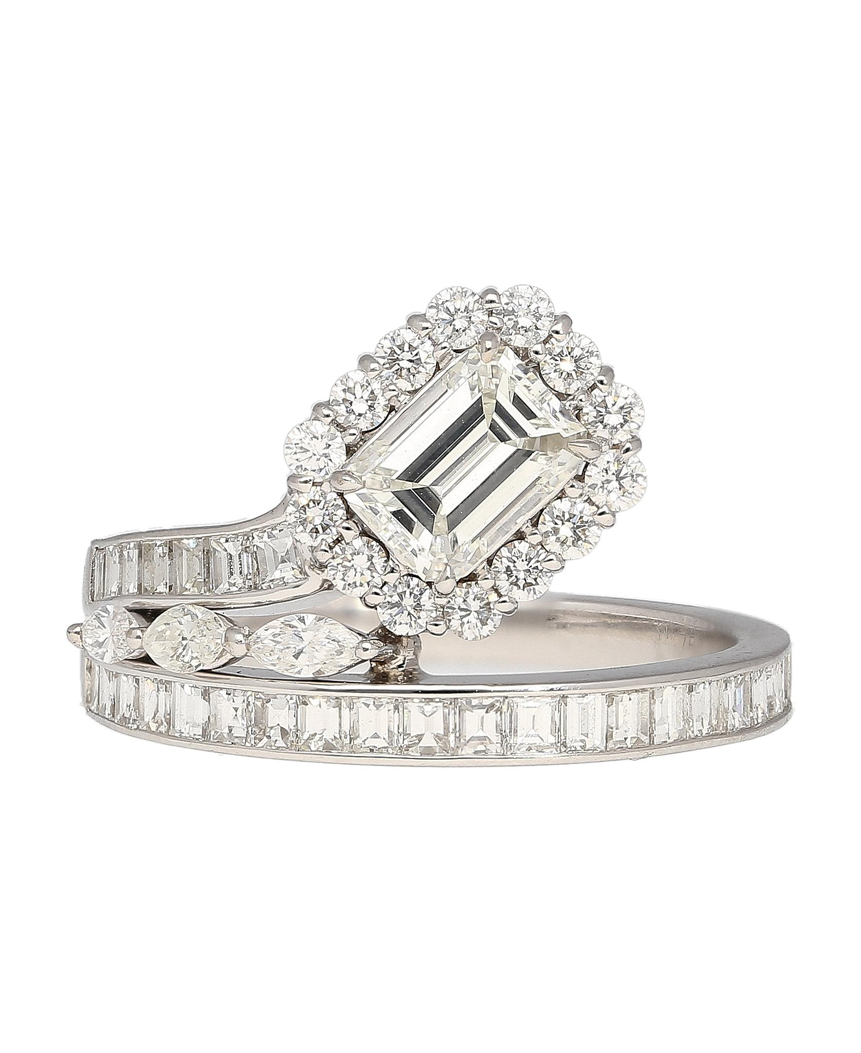 Emerald Cut GIA Certified 3.81 Carat TW Detachable Two-Piece Toi Et Moi 18k White Gold Ring For Sale