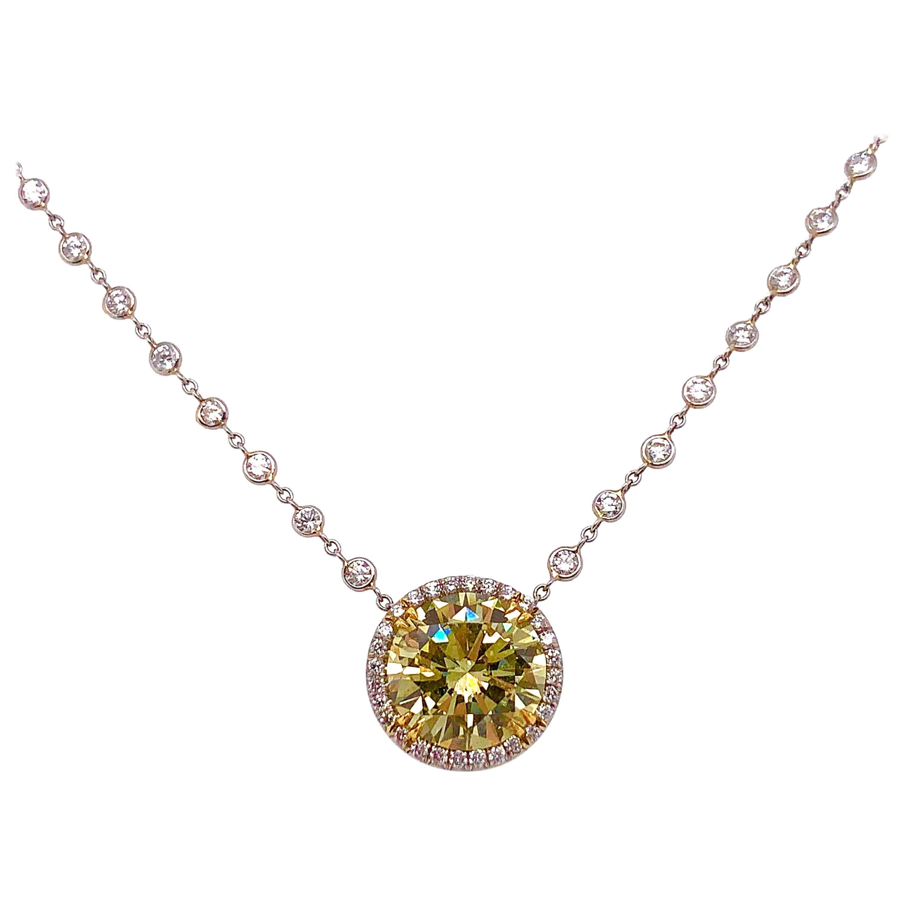 GIA Certified 3.82 Carat Yellow Round Cut Diamond Pendant Necklace For Sale