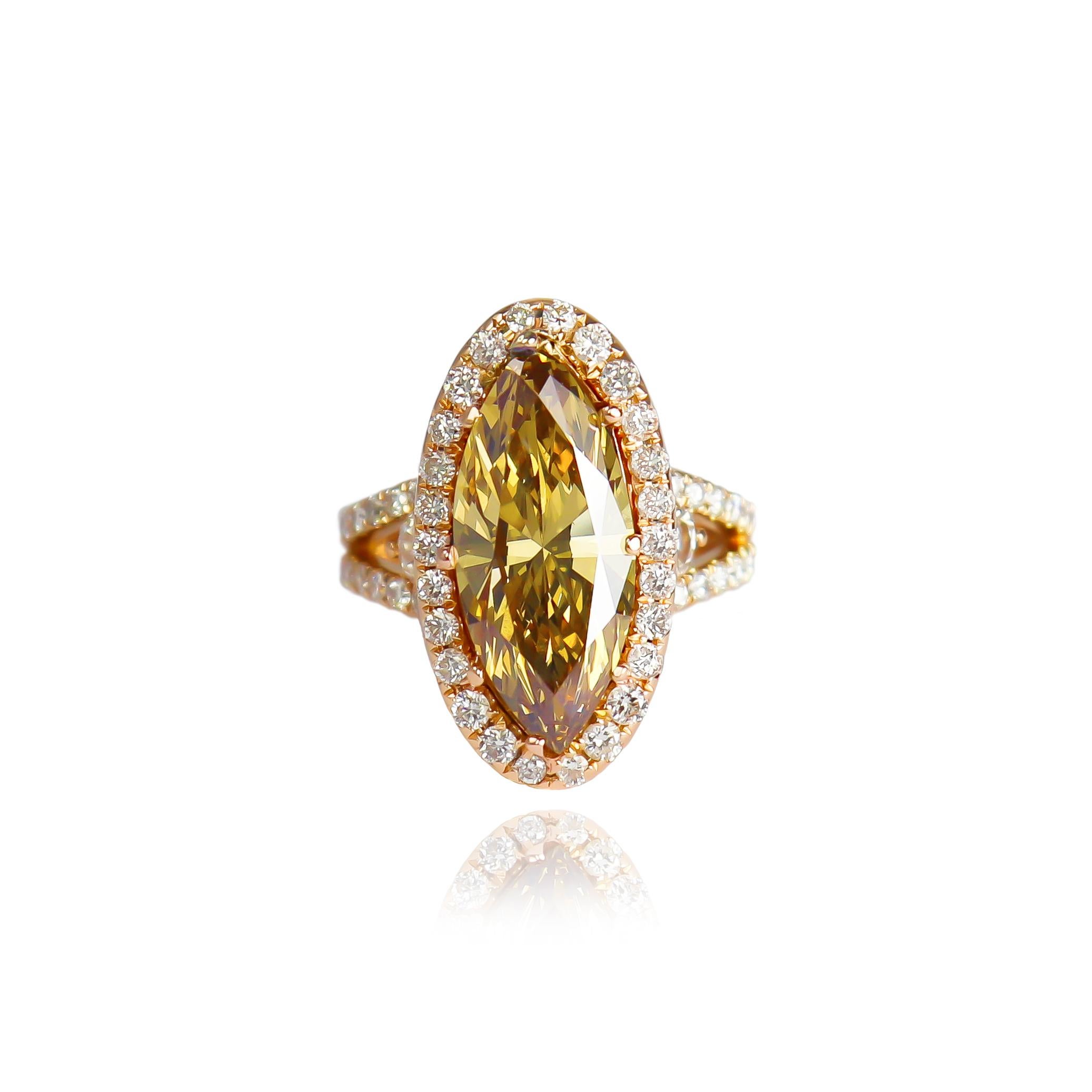 This beautifully detailed ring features a GIA certified 3.82 carat marquise brilliant cut diamond of natural, fancy deep, brownish orangy yellow color and VS1 clarity. Set in a handmade, 18K rose gold ring with diamond details = 1.70 carat total